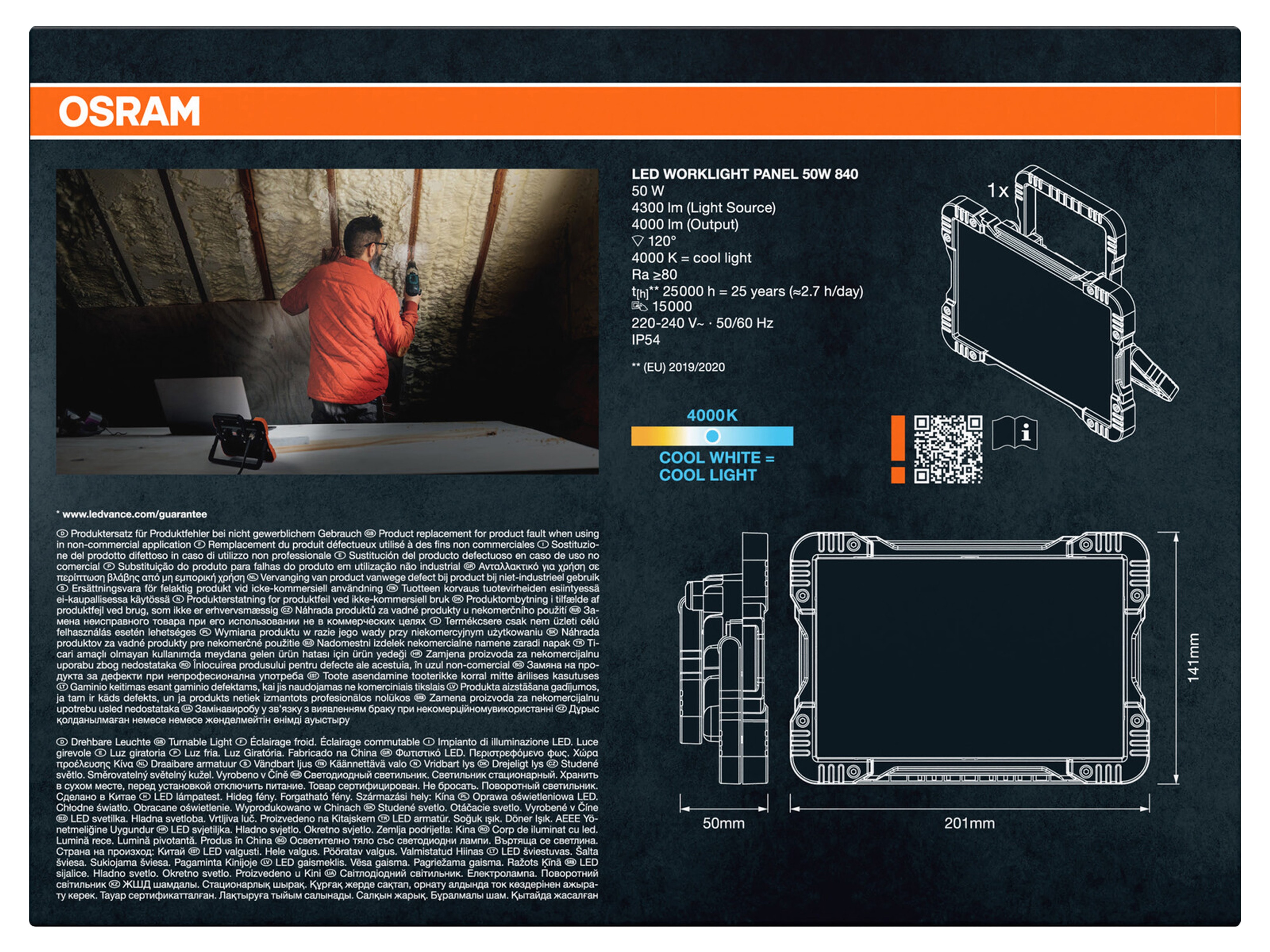 OSRAM LED-Baustrahler, 50W, 4000lm, 4000K, IP20, neutralweiß, orange/schwarz