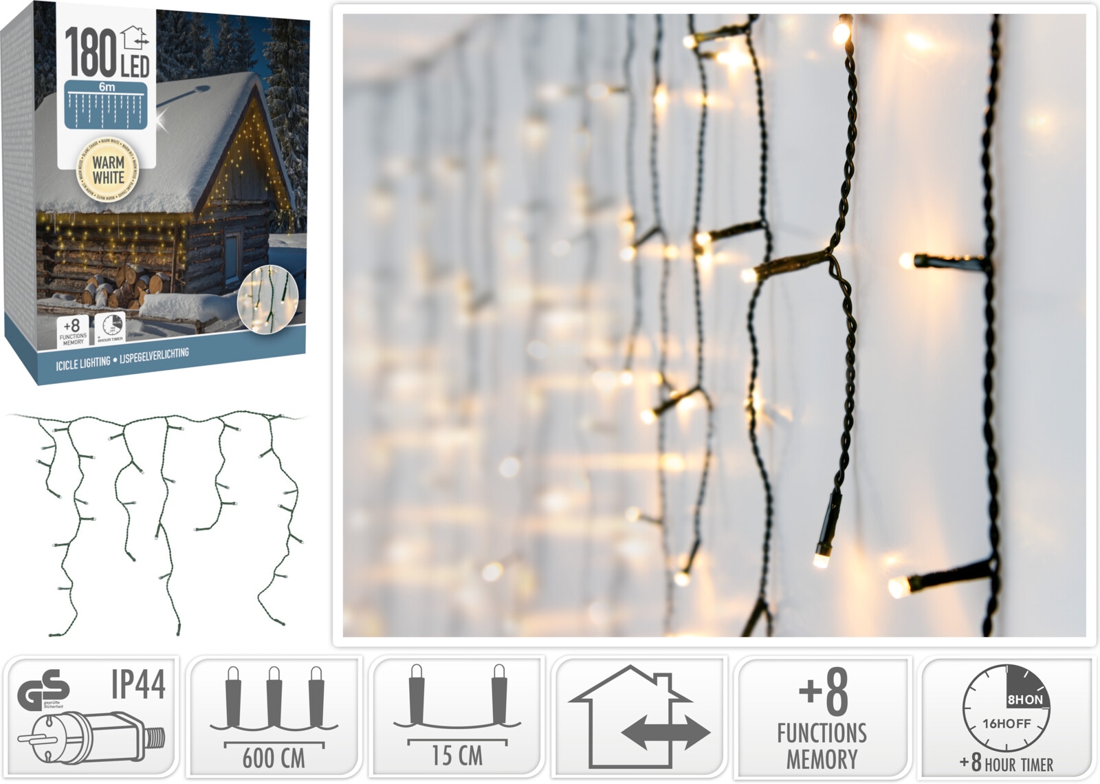 LED-Lichterkettenvorhang warmweiß, 180 LEDs, Grünes Kabel, Innen/Außen, 9m KOOPMAN LED-Lichterkettenvorhang warmweiß, 180 LEDs, Grünes Kabel, Innen/Außen, 9m