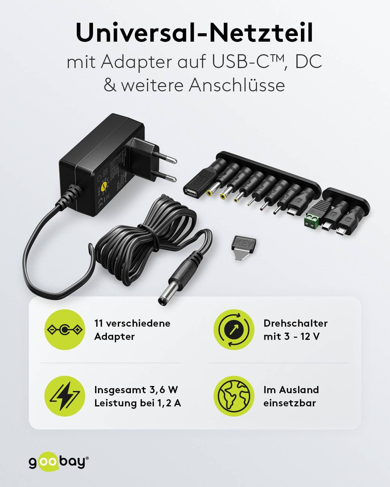 GOOBAY Universal-Netzteil 65592, 3-12V, 3,6W, mit 11 Adaptern GOOBAY Universal-Netzteil 65592, 3-12V, 3,6W, mit 11 Adaptern