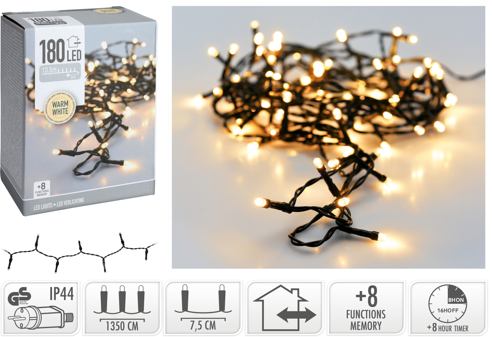 KOOPMAN LED-Lichterkette warmweiß, 180 LEDSs, Grünes Kabel, Innen/Außen, 16,5m