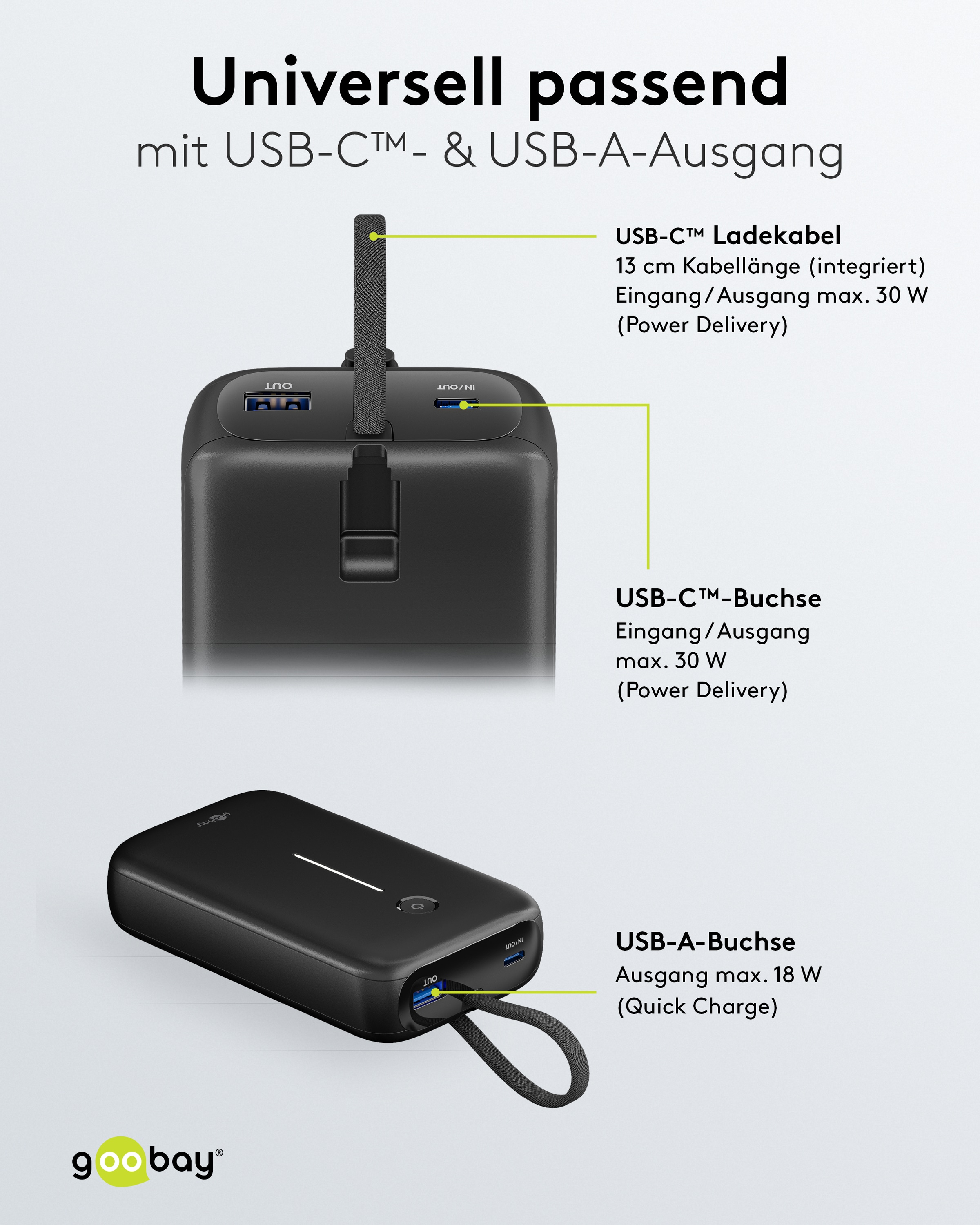 GOOBAY USB Powerbank 76252, 20.000mAh, 30 W, USB-A, 2x USB-C, schwarz