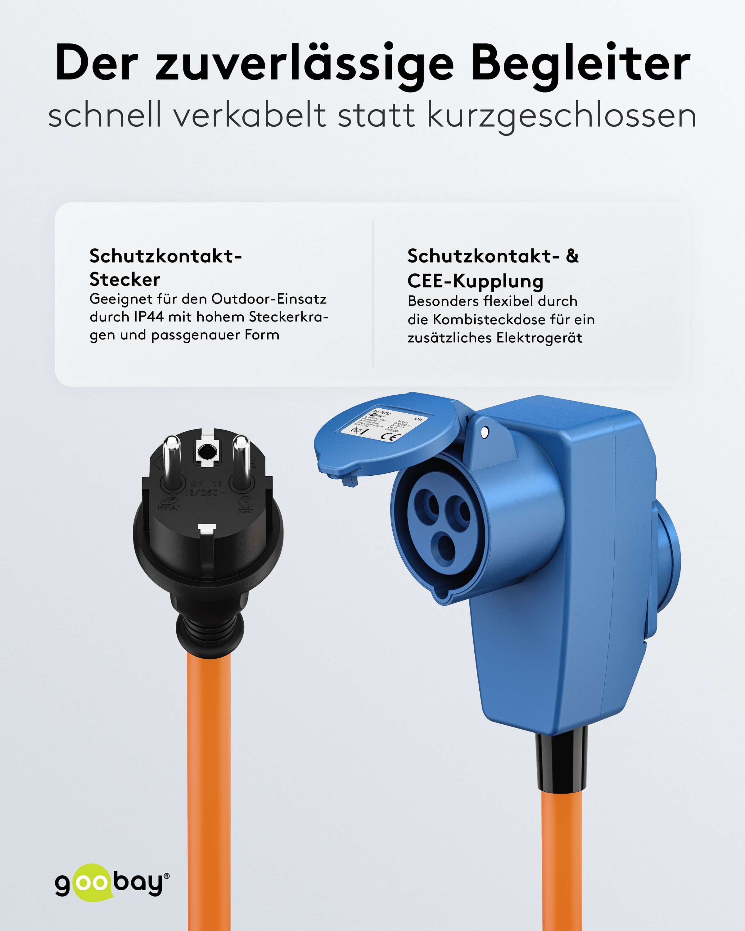 GOOBAY CEE-Adapterkabel 76222, 1,5 m, Schutzkontakt Stecker zu CEE-+ SK.-Kupplung