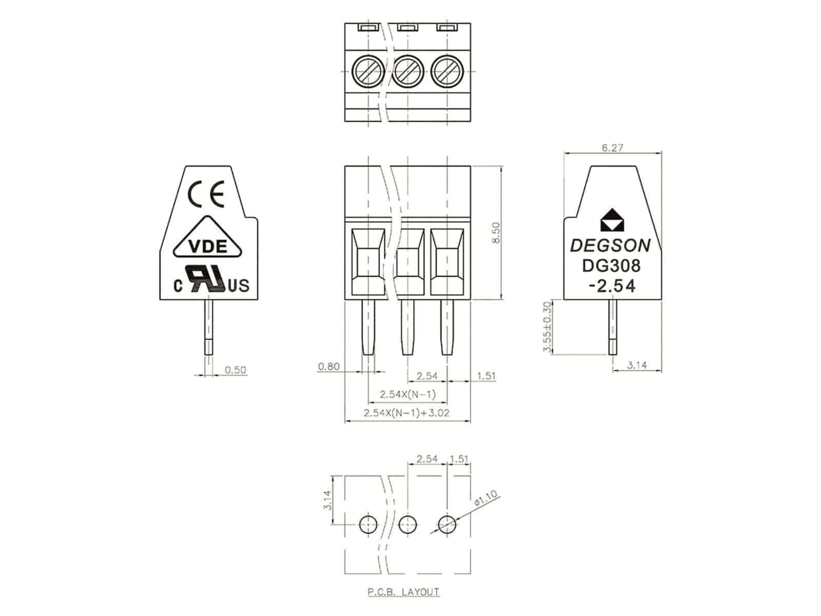 DEGSON Klemmleiste, DG308-2.54-02P-14-00AH, RM 2,54 2 polig grün