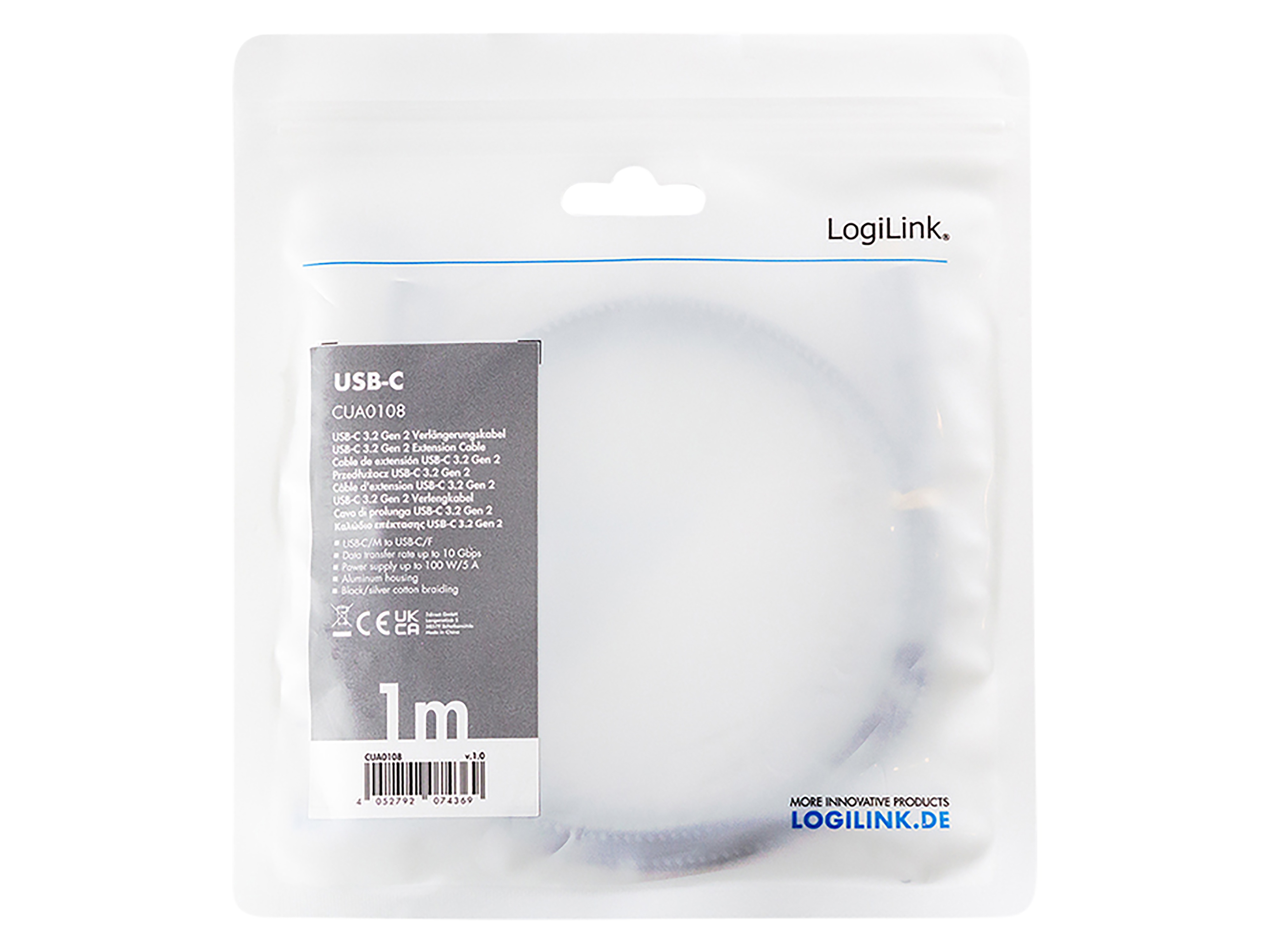 LOGILINK USB3.2 Kabel CUA0108 USB-C M/USB-C F PD Alu 1m schwarz/grau LOGILINK USB3.2 Kabel CUA0108 USB-C M/USB-C F PD Alu 1m schwarz/grau