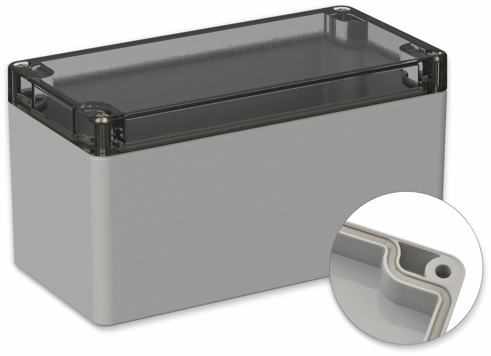 POLLIN, Polycarbonat Gehäuse, 160 x 80 x 85 mm, IP66, Lichtgrau, Glasklarer Deckel POLLIN, Polycarbonat Gehäuse, 160 x 80 x 85 mm, IP66, Lichtgrau, Glasklarer Deckel