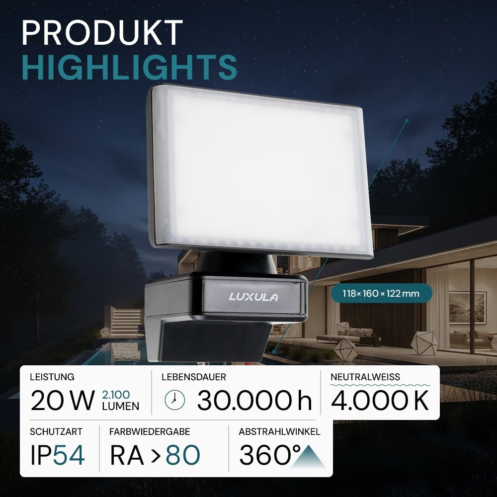 LUXULA LED-Fluter LX400191, 20 W, 2100 lm, 4000 K, schwarz