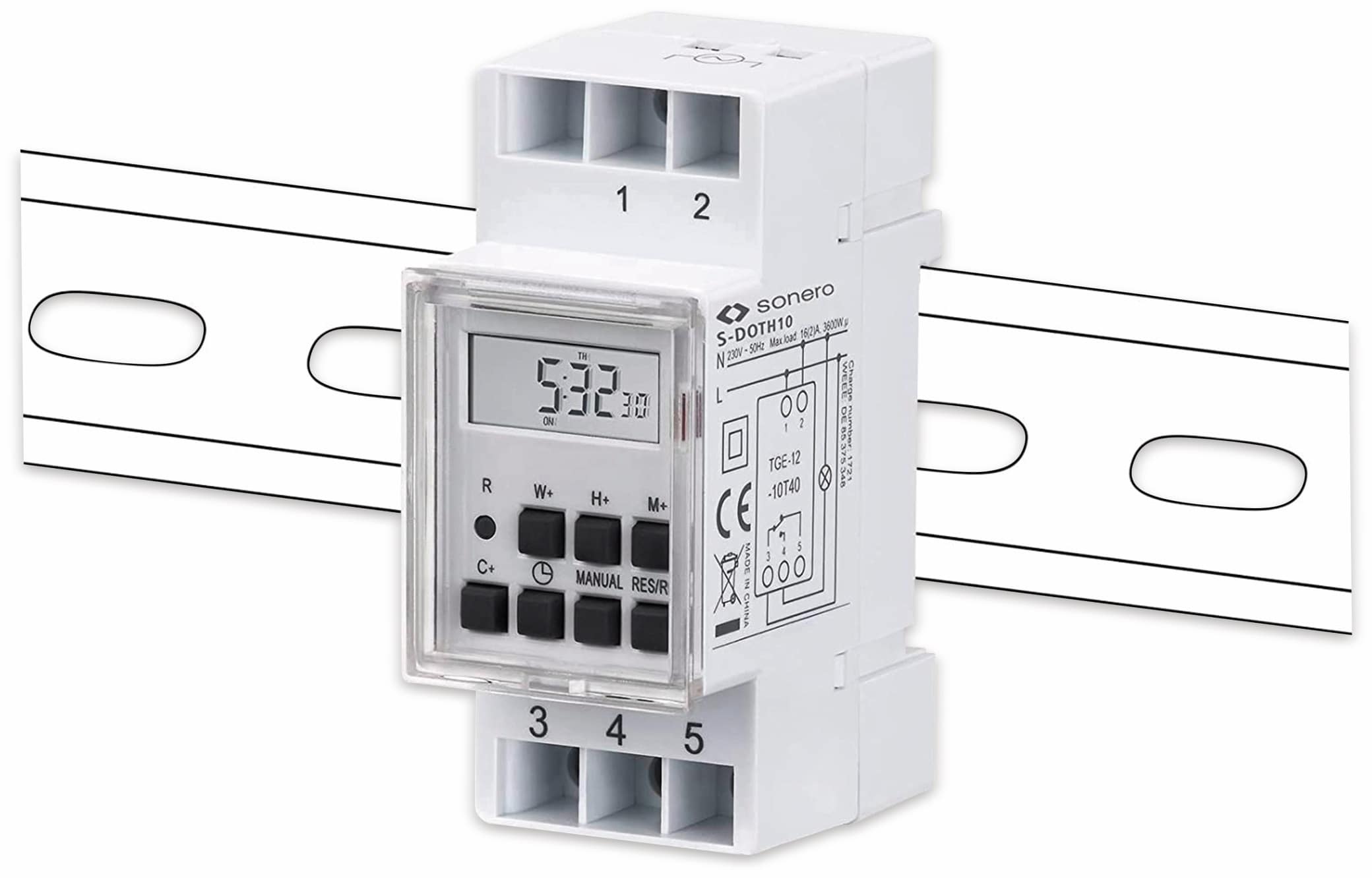 SONERO Digitale Zeitschaltuhr S-DOTH10, 3500 W, DIN-Schiene, weiß