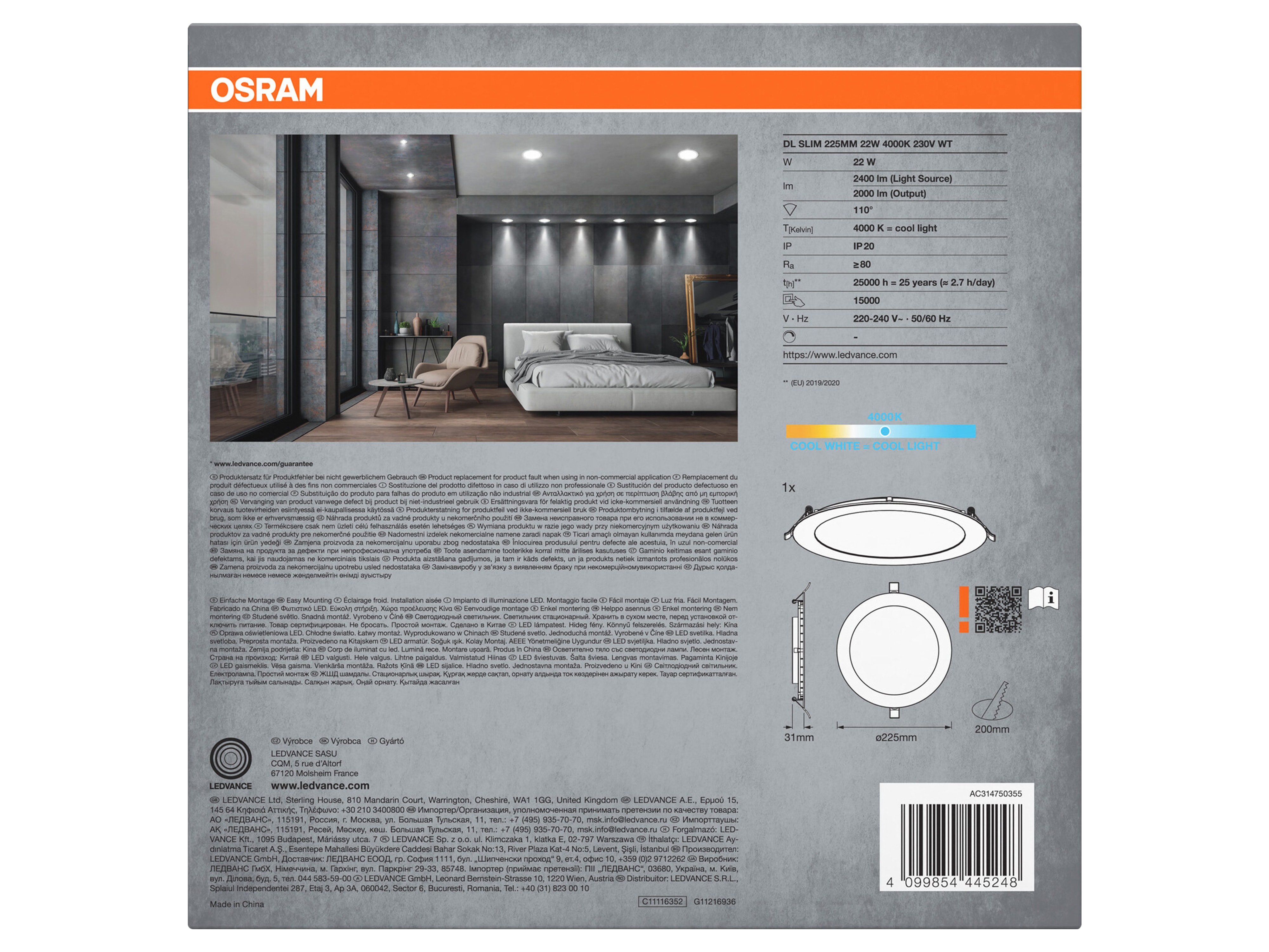 OSRAM LED-Einbauleuchte, ultra slim, 22W, 2000lm, 4000K, IP20, Ø 225 mm, neutralweiß