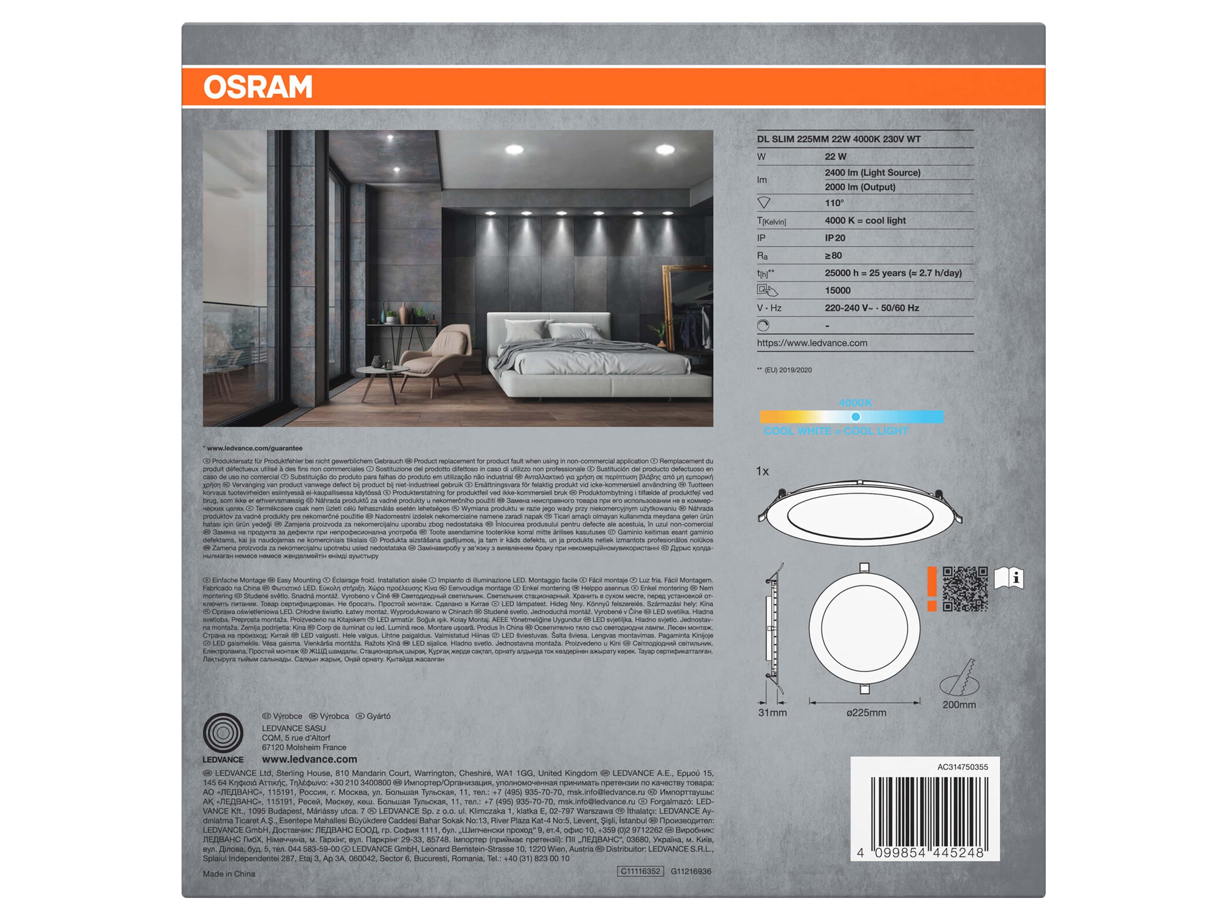 OSRAM LED-Einbauleuchte, ultra slim, 22W, 2000lm, 4000K, IP20, Ø 225 mm, neutralweiß