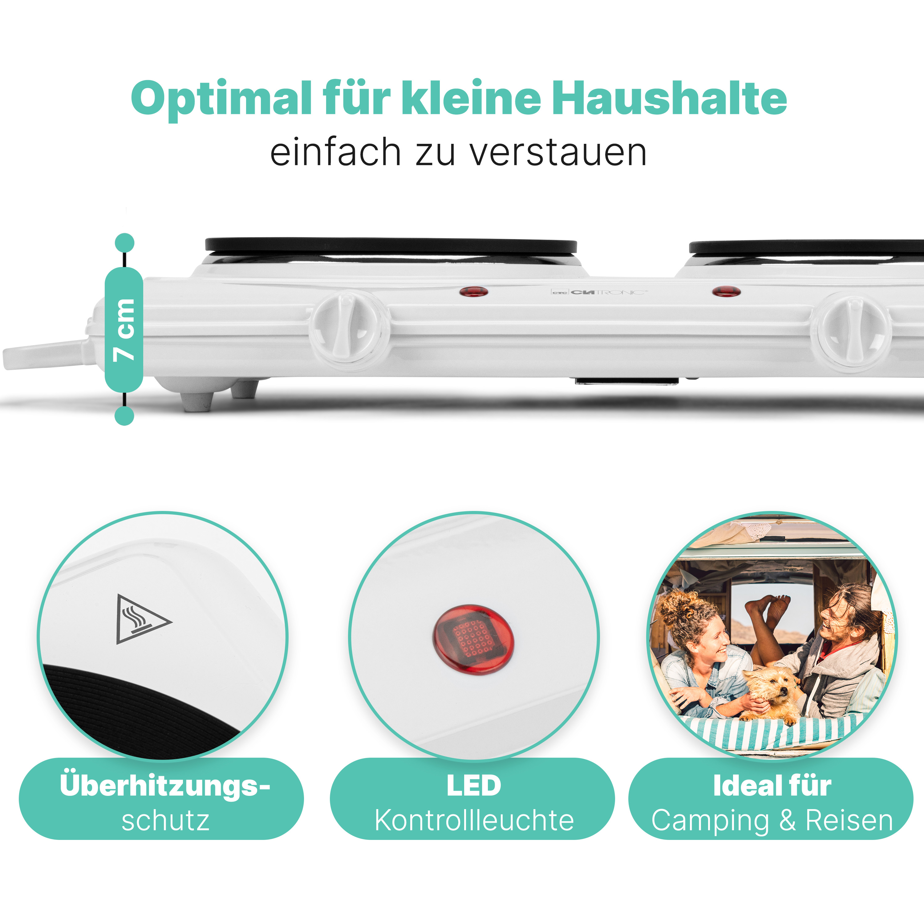 CLATRONIC Doppelkochplatte DKP 3583, 1x Ø180mm, 1500W, 1x Ø150mm, 1000W, weiß