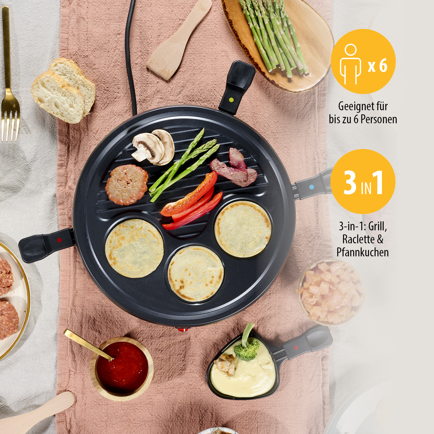 TRISTAR Raclette RA-2998, 6 Personen, 800 W, Grillplatte mit Crepe-Bereich
