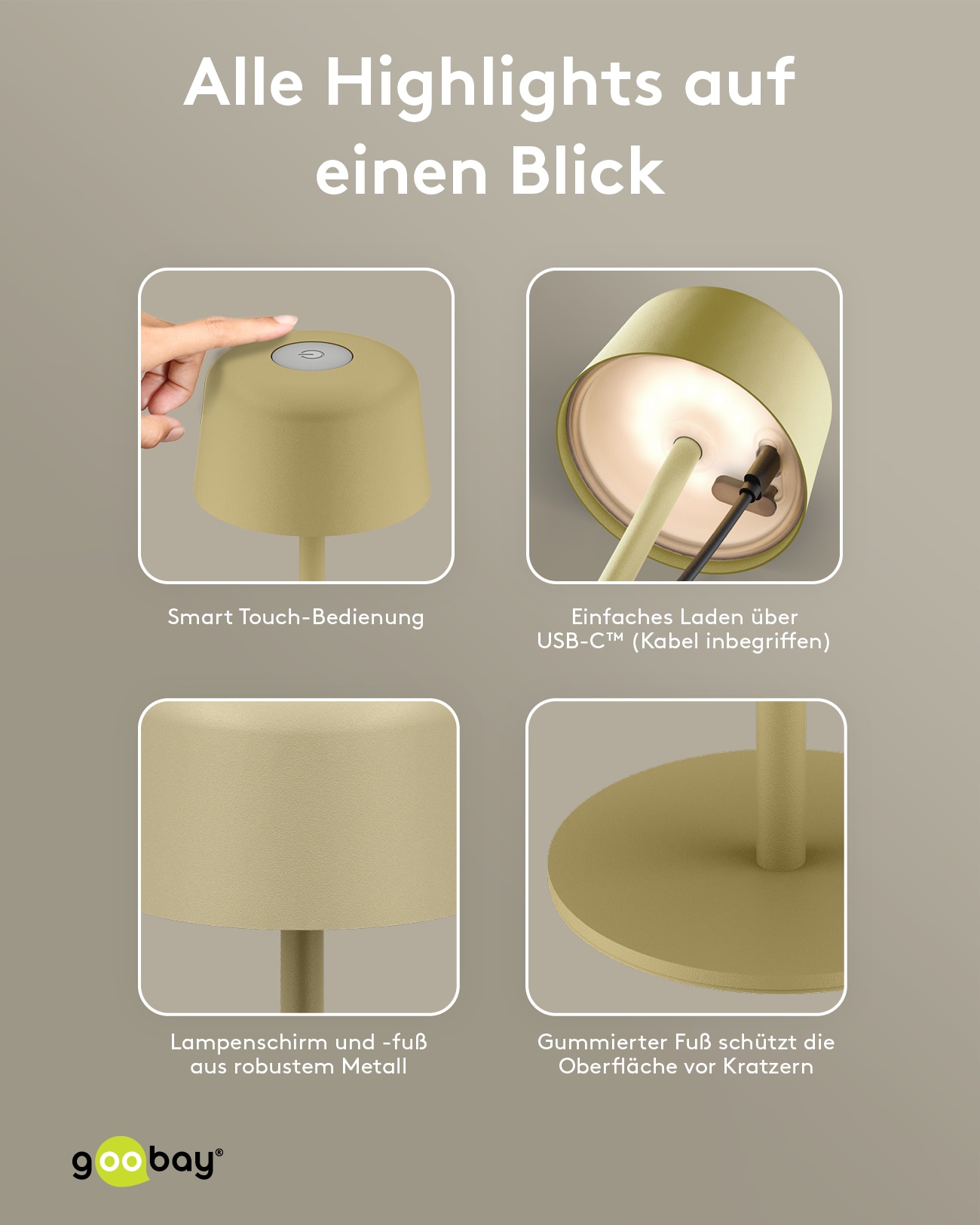 GOOBAY LED-Tischleuchte 77678, 2W, 3000 K, 150 lm, warmweiß, IP44, beige