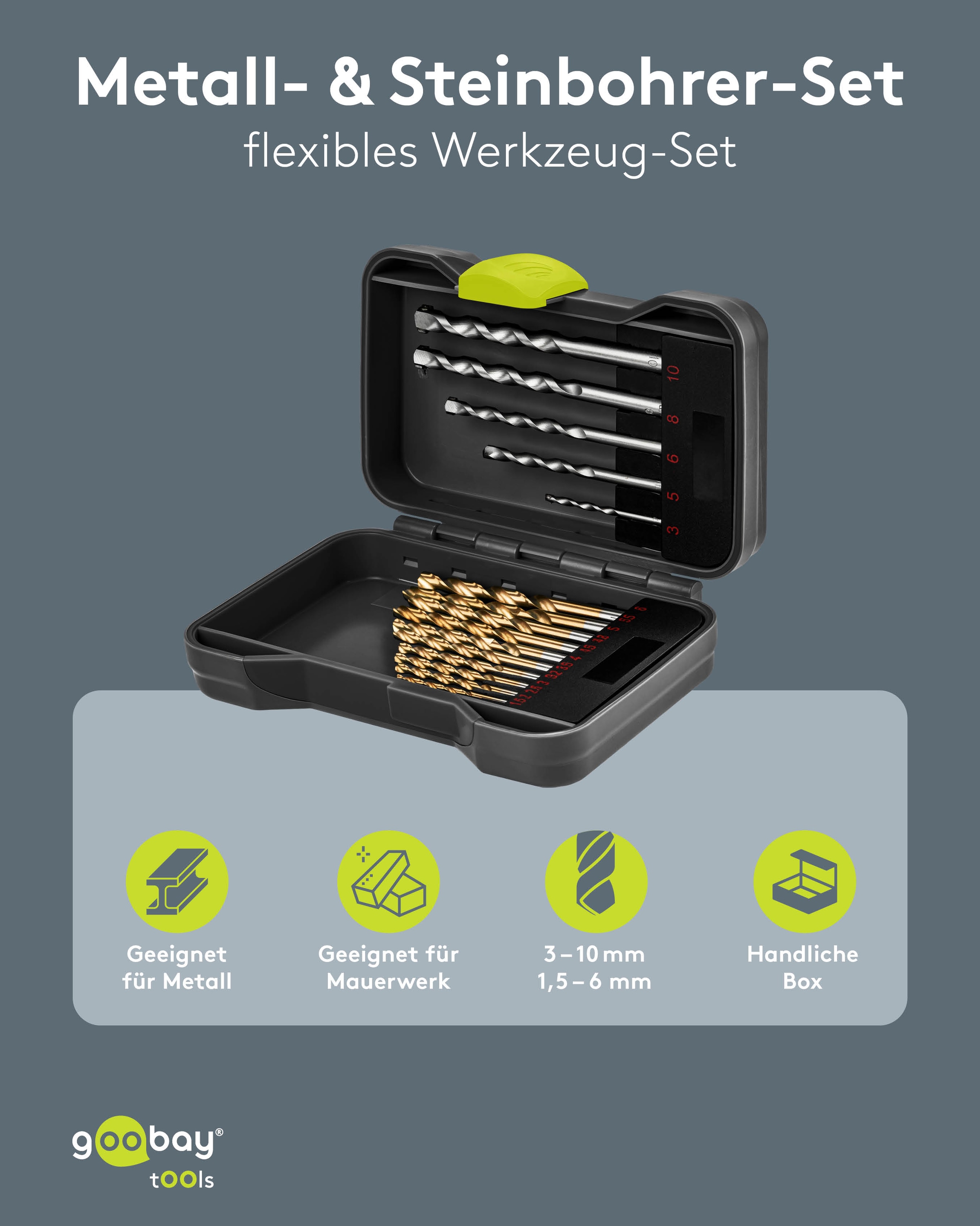 GOOBAY TOOLS Metall- & Steinbohrer-Set, 77848, 1,5-10 mm, 17-teilig