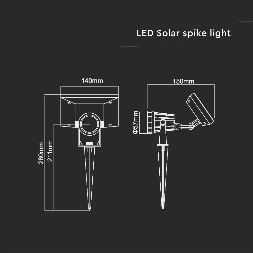 V-TAC Solar LED-Gartenleuchte VT-952, 2 W, 3000 K, IP65, schwarz