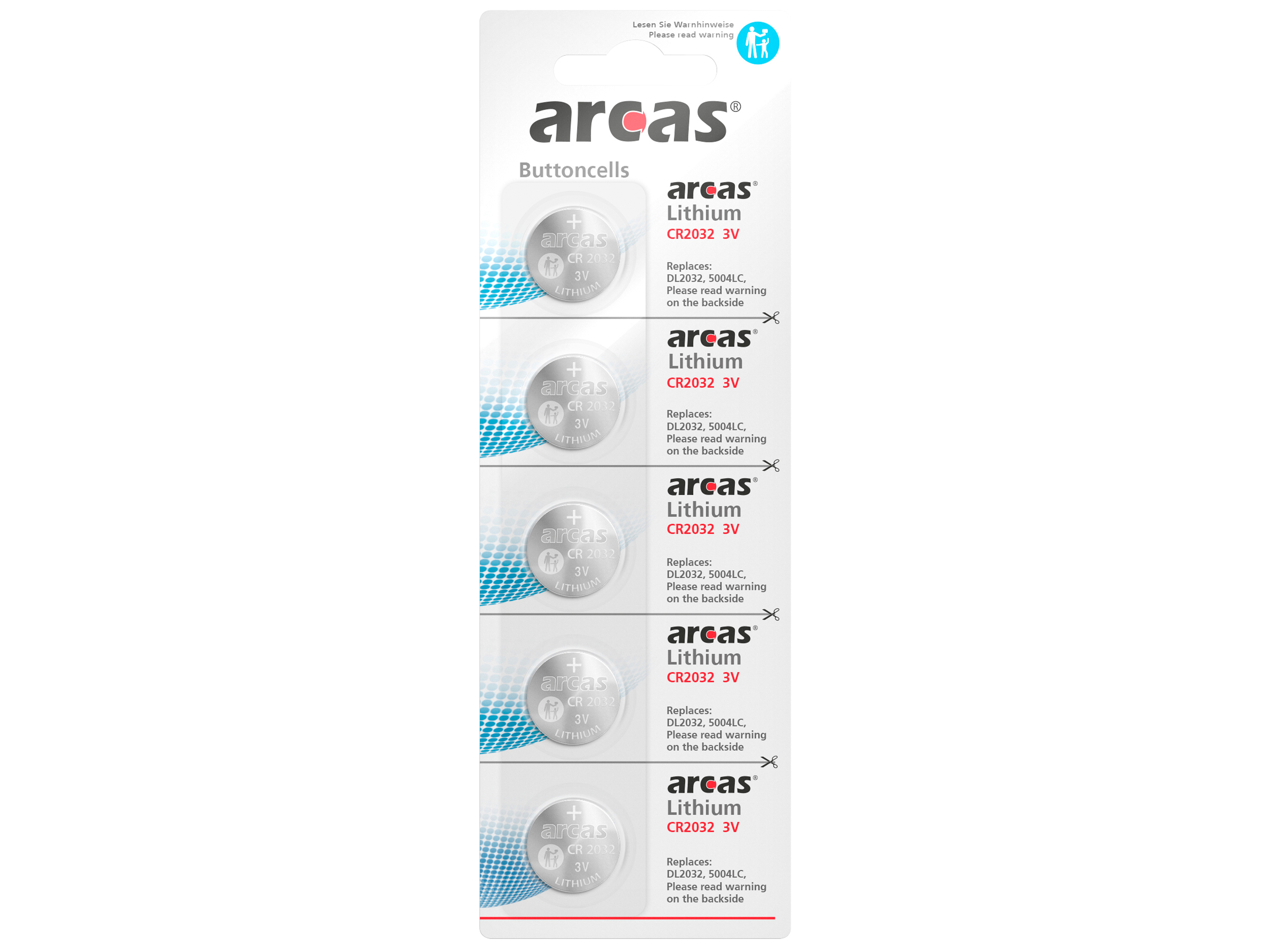 ARCAS Lithium-Knopfzellen CR2032, 5 Stück