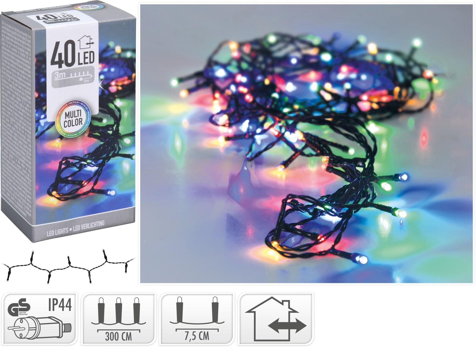 LED-Lichterkette bunt, 40 LEDs, Grünes Kabel, Innen/Außen, 6m KOOPMAN LED-Lichterkette bunt, 40 LEDs, Grünes Kabel, Innen/Außen, 6m