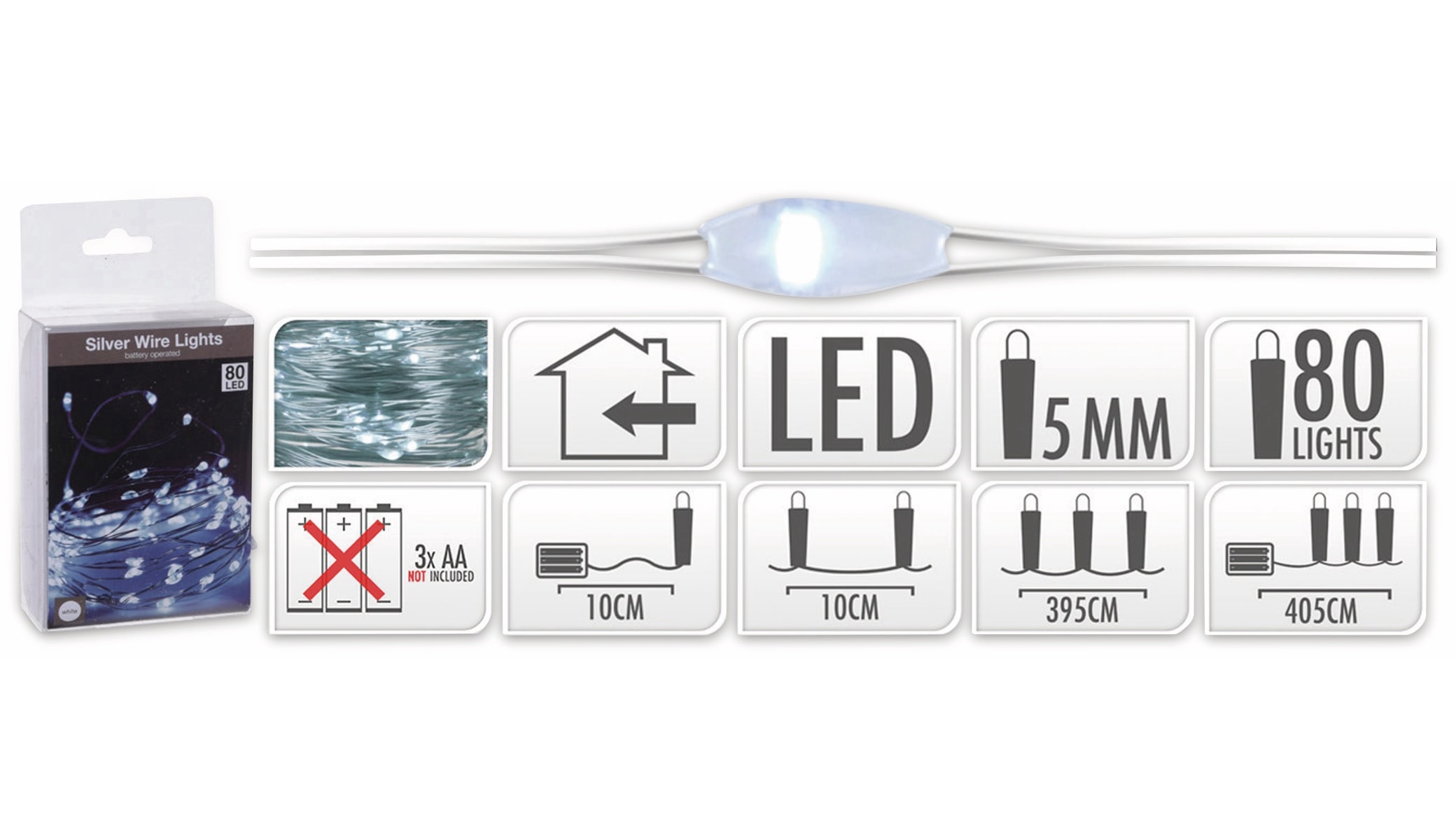 LED-Lichterkette, Silberdraht, 80 LEDs, kaltweiß, Batteriebetrieb
