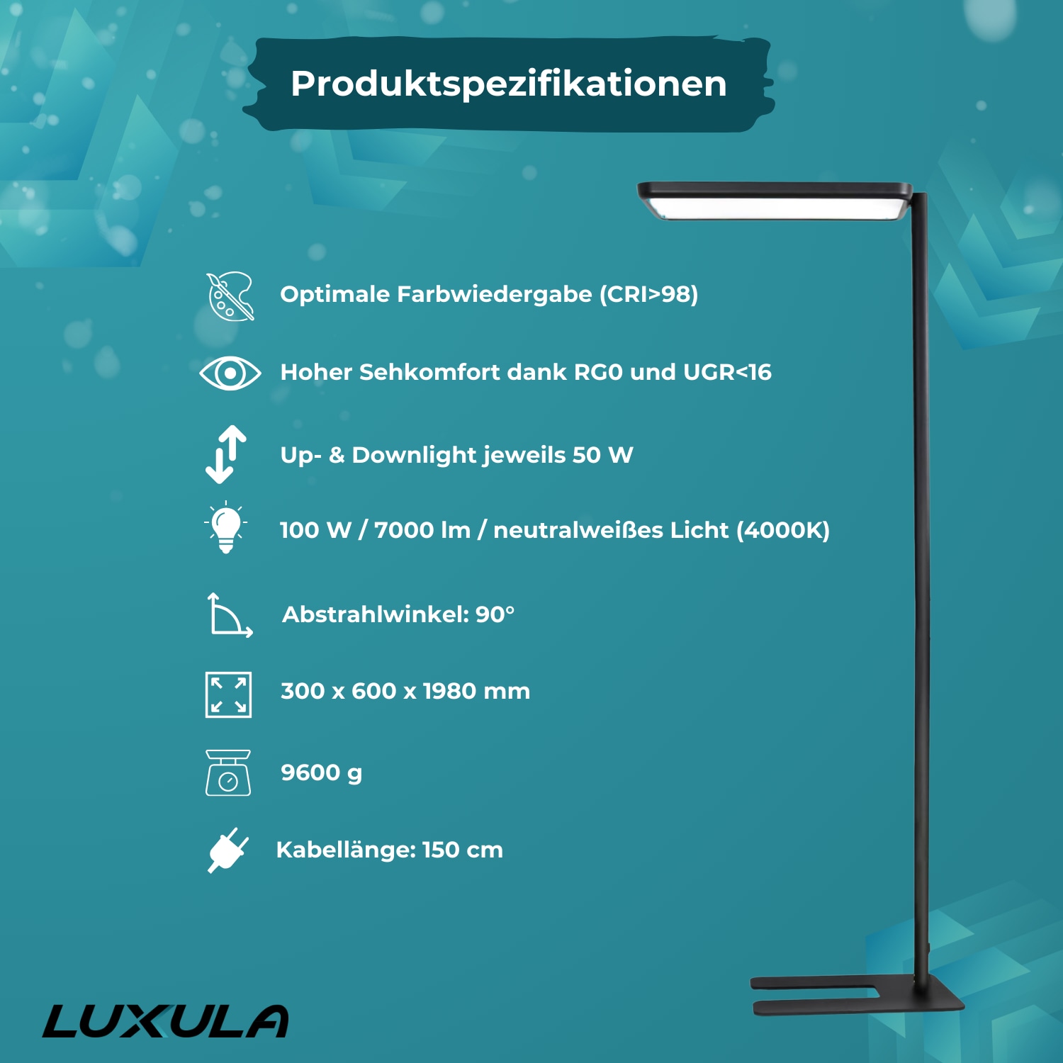 LUXULA LED-Büro-Stehleuchte, EEK: G, 100W, 7000lm, 4000K, schwarz