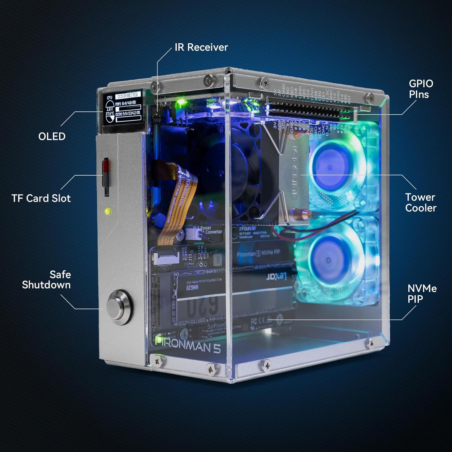 SUNFOUNDER Pironman 5 Gehäuse, Aluminium, Oled Display, PIRONMAN5