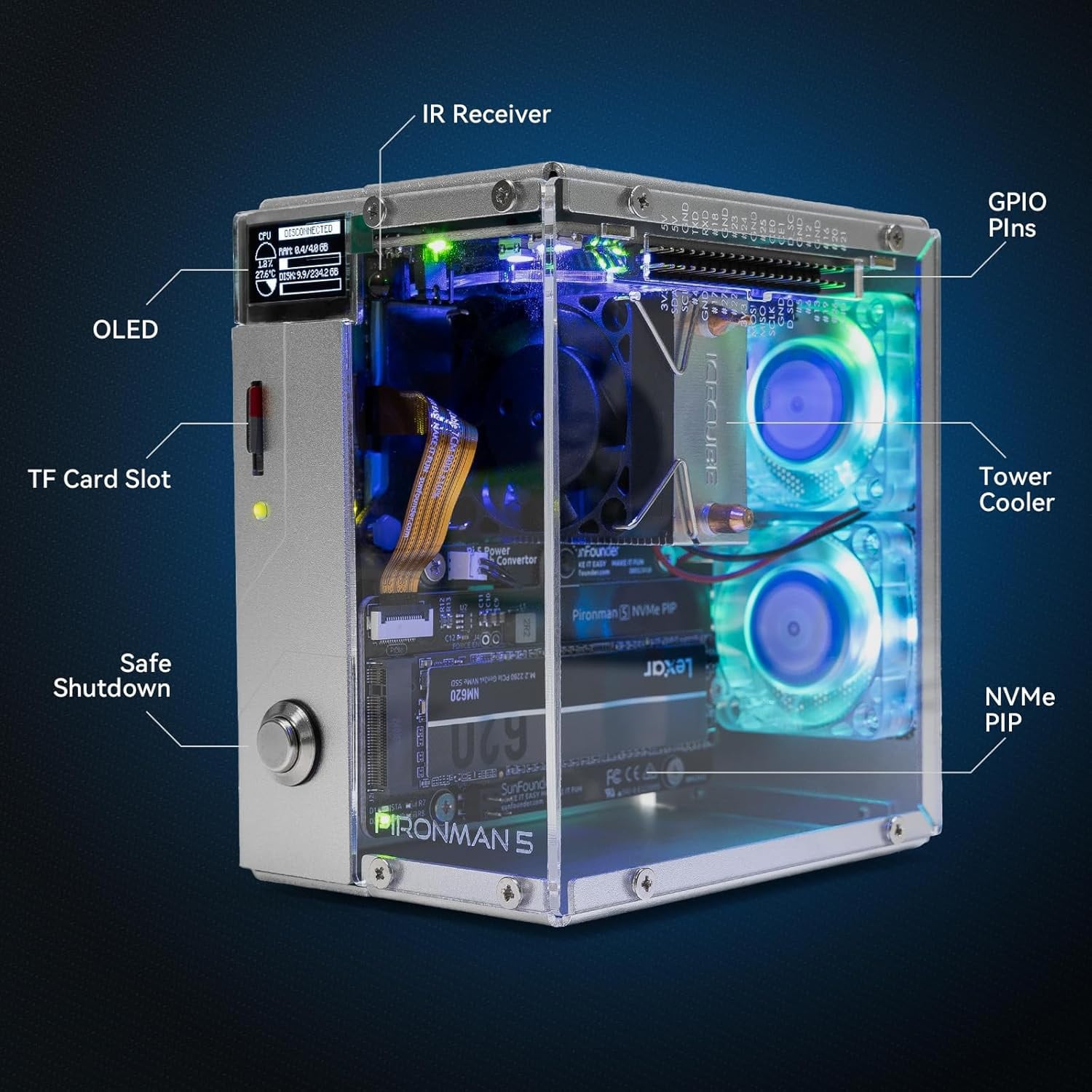 SUNFOUNDER Pironman 5 Gehäuse, Aluminium, Oled Display, PIRONMAN5