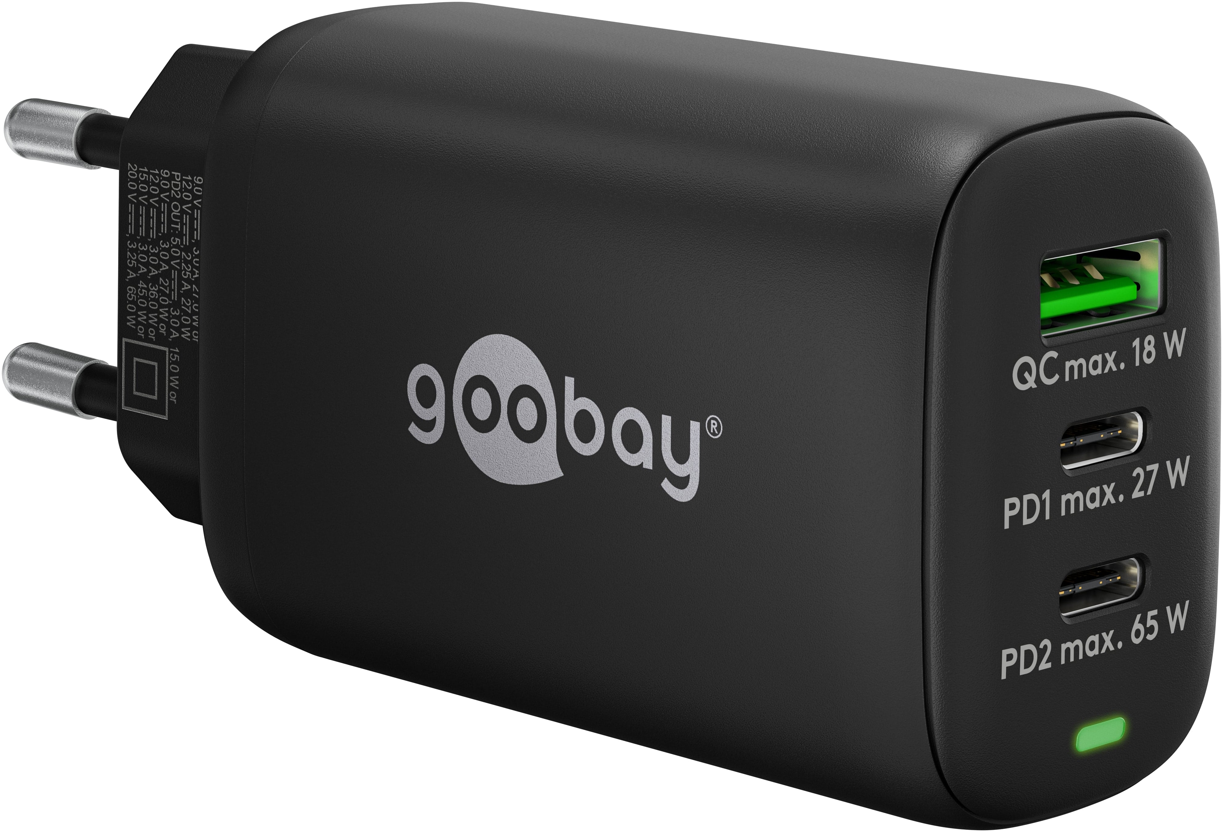 GOOBAY USB-Lader 65407, 65 W, 3-fach, 2xC PD, 1xA QC GaN, schwarz GOOBAY USB-Lader 65407, 65 W, 3-fach, 2xC PD, 1xA QC GaN, schwarz