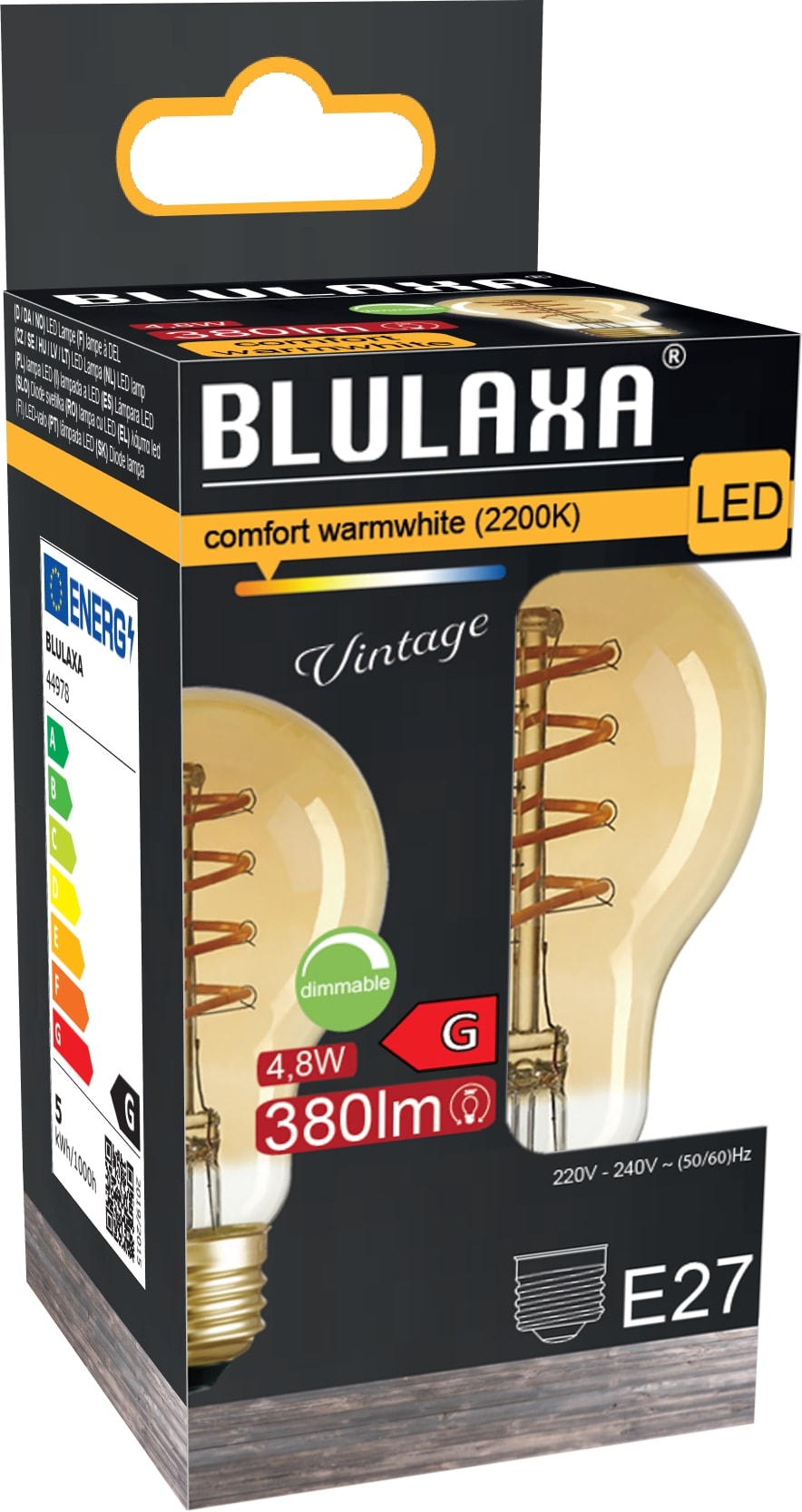 BLULAXA LED FlexFilament A60, E27, 4,8 W, 2200 K, EEK: G, 380 lm, IP, dimmbar, warmweiß20 BLULAXA LED FlexFilament A60, E27, 4,8 W, 2200 K, EEK: G, 380 lm, IP, dimmbar, warmweiß20