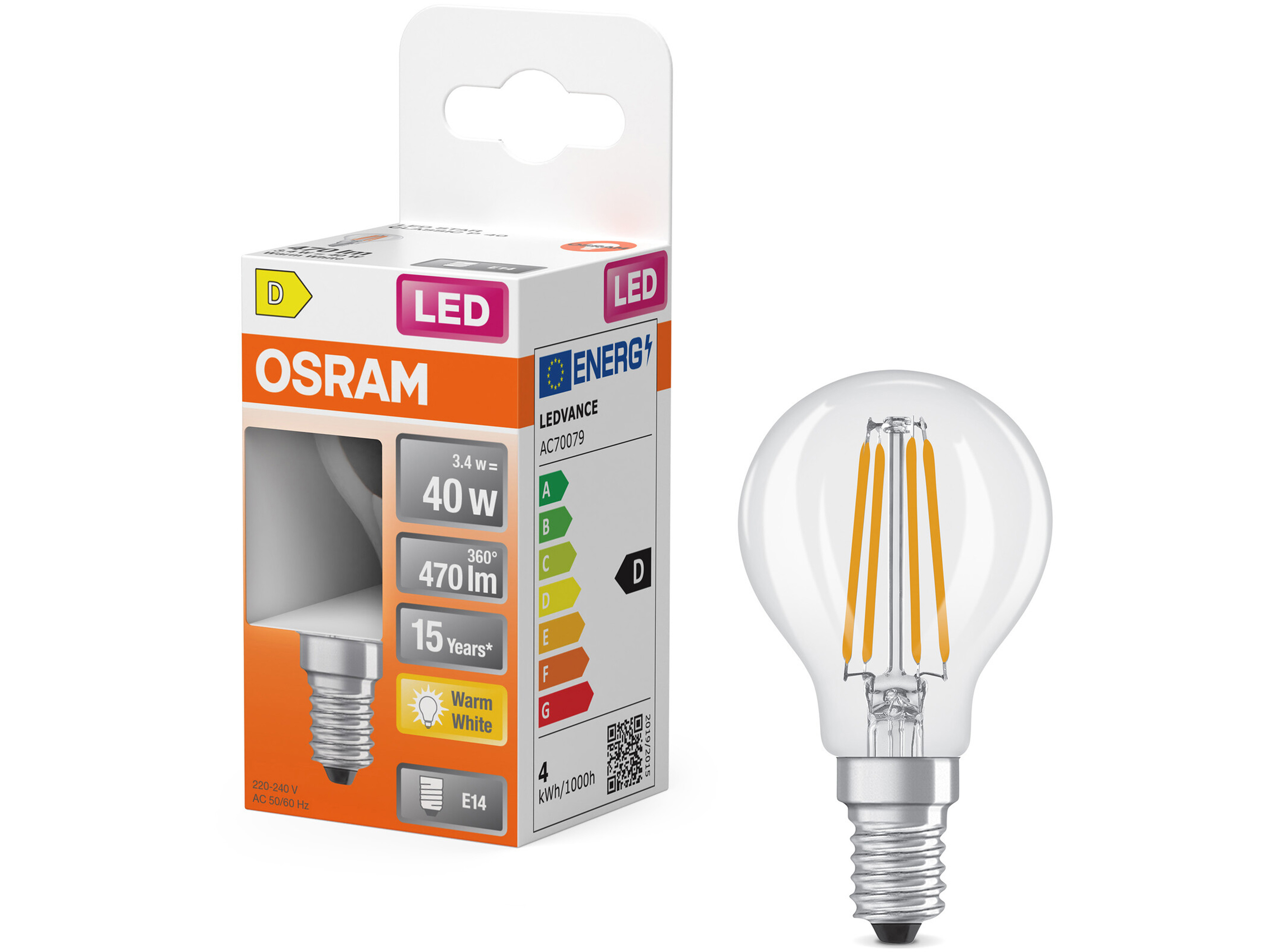 OSRAM LED-Lampe Retrofit, 3,4 W, E14, 2700 K, EEK: D, 470 lm, IP20, warmweiß
