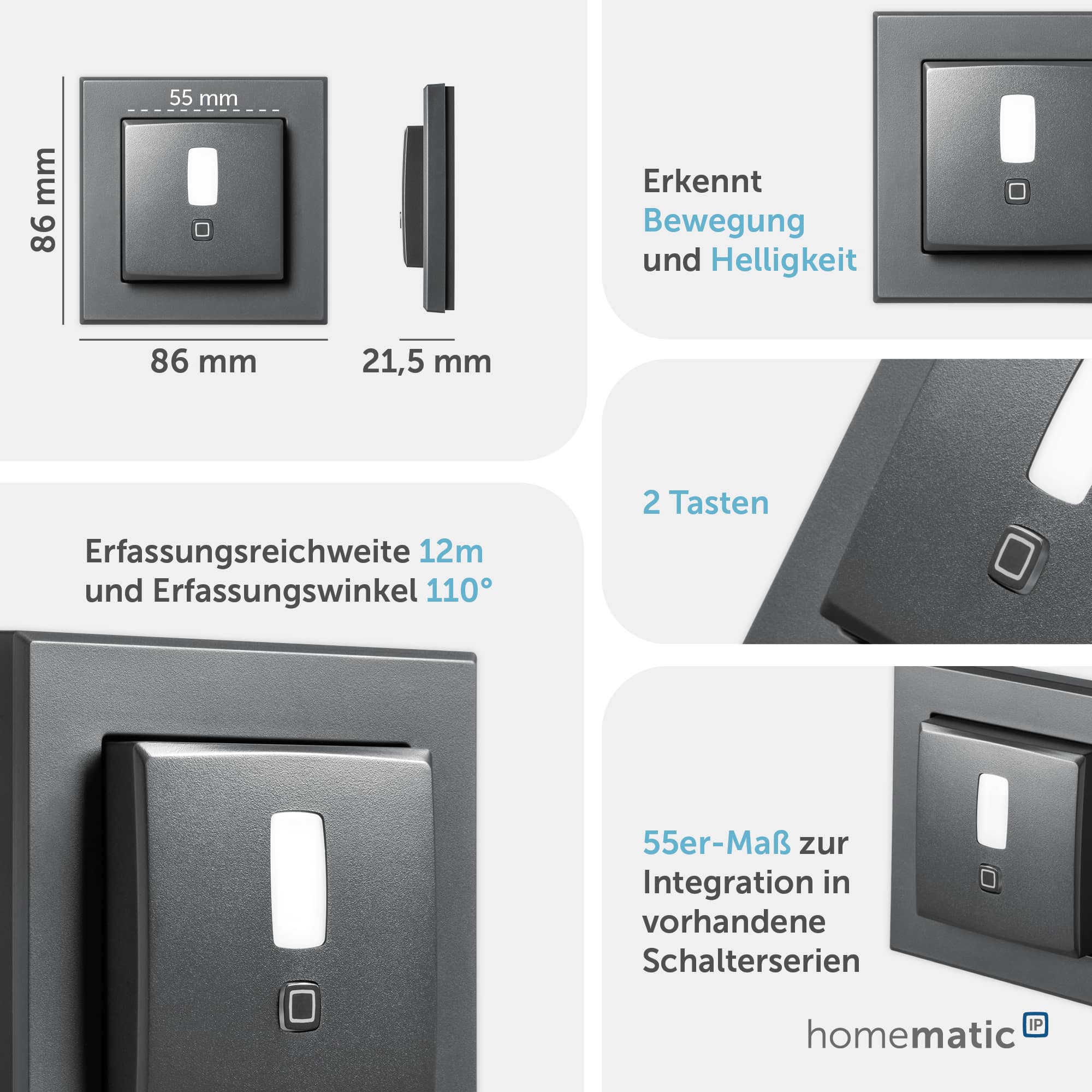 HOMEMATIC IP 159903A0, Bewegungsmelder, 55er Rahmen, innen, anthrazit