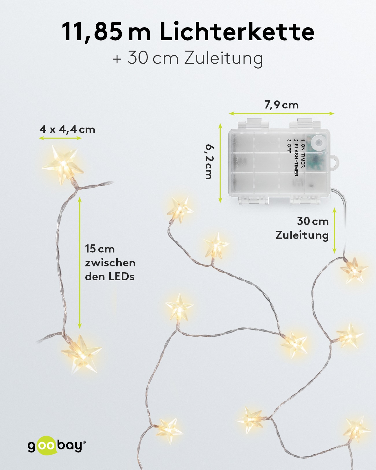 LED-Lichterkette GOOBAY "Sterne", 80 LEDs, Silberdraht, 2 Leucht Modi, Innen/Außen, 12,15 m