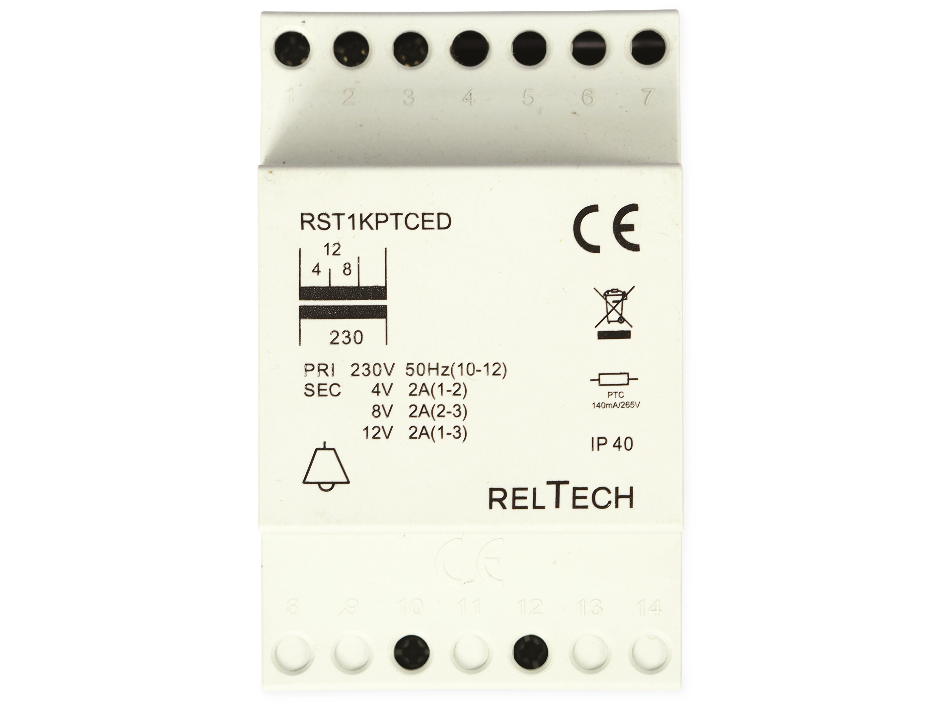RELTECH Sicherheitstransformator RST1PTCED, 4-8-12V~/2A RELTECH Sicherheitstransformator RST1PTCED, 4-8-12V~/2A