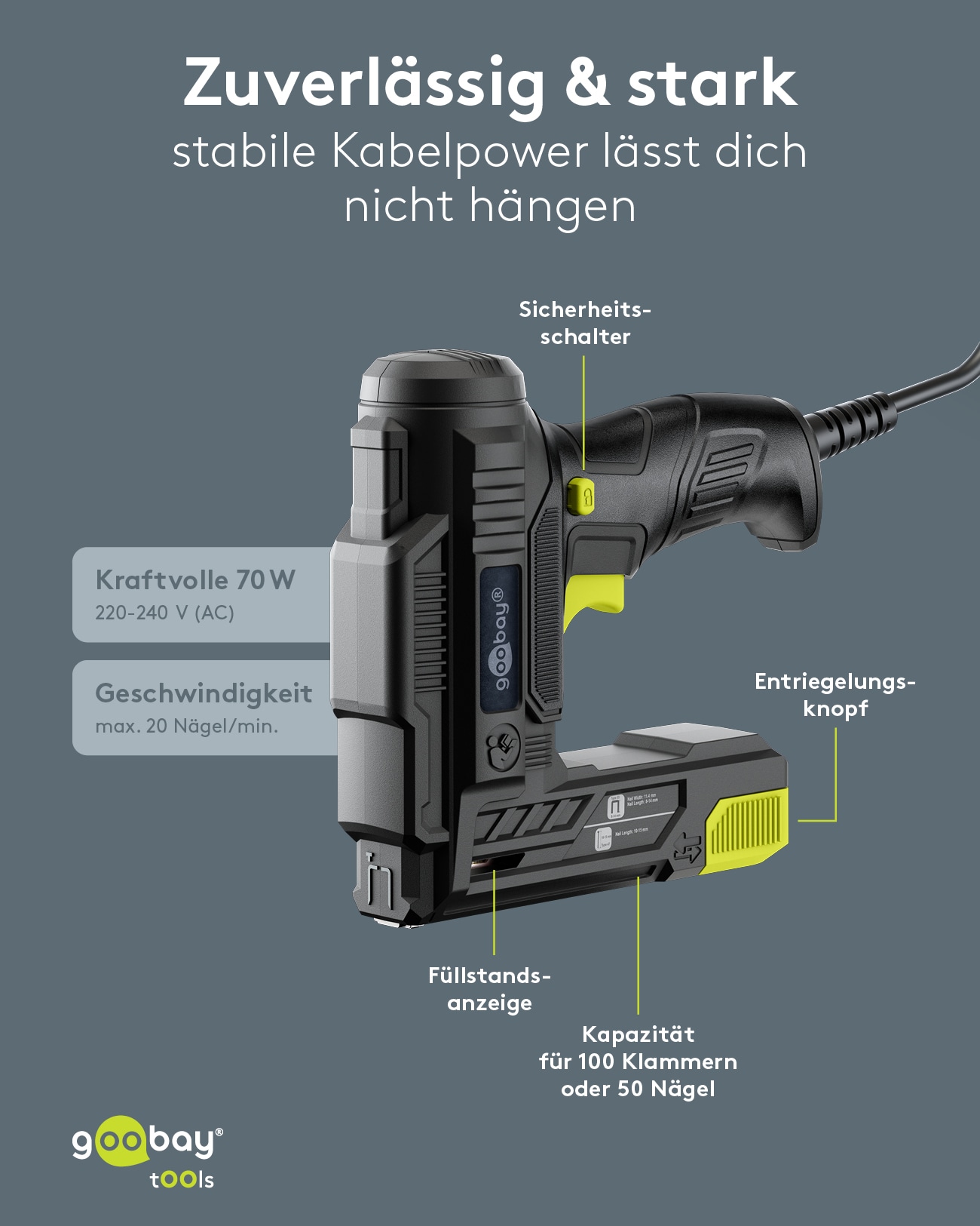GOOBAY TOOLS 2in1 Elektrotacker-Set, 77820, mit 400 Tackernadeln und 100 Nägeln