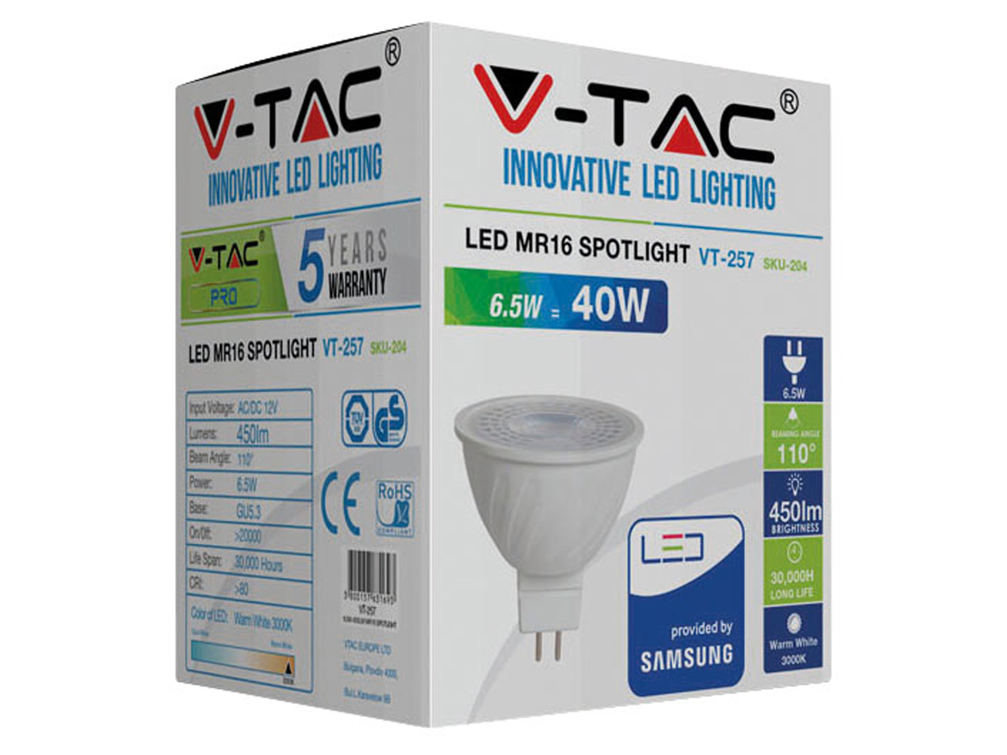 V-TAC LED-Lampe VT-257 (204), GU5,3, EEK: G, 6,5 W, 450 lm, 4000 K, 10 Stück