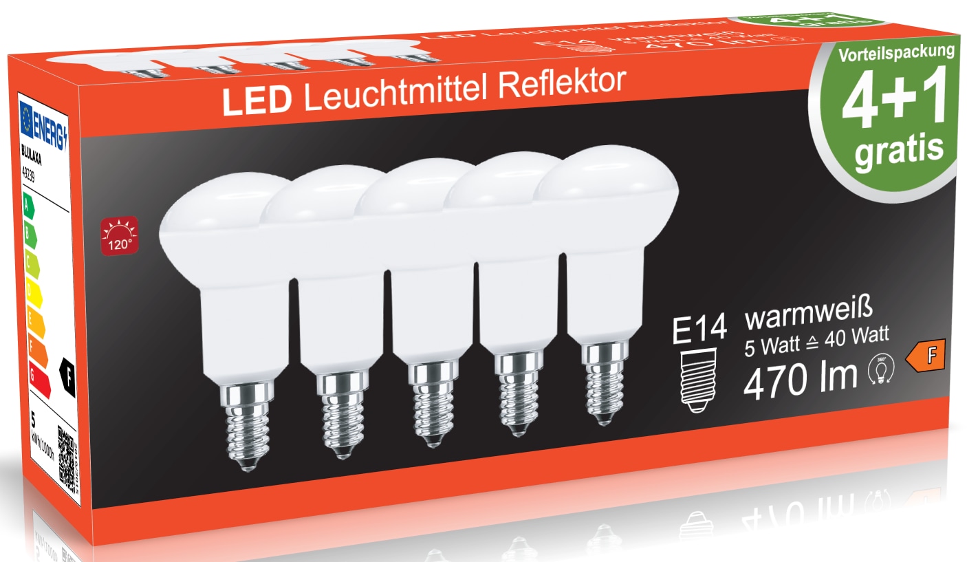 BLULAXA LED-SMD-Lampe, R50, EEK: F, E14, 5 W, 470 lm, 2700 K, 5 Stück