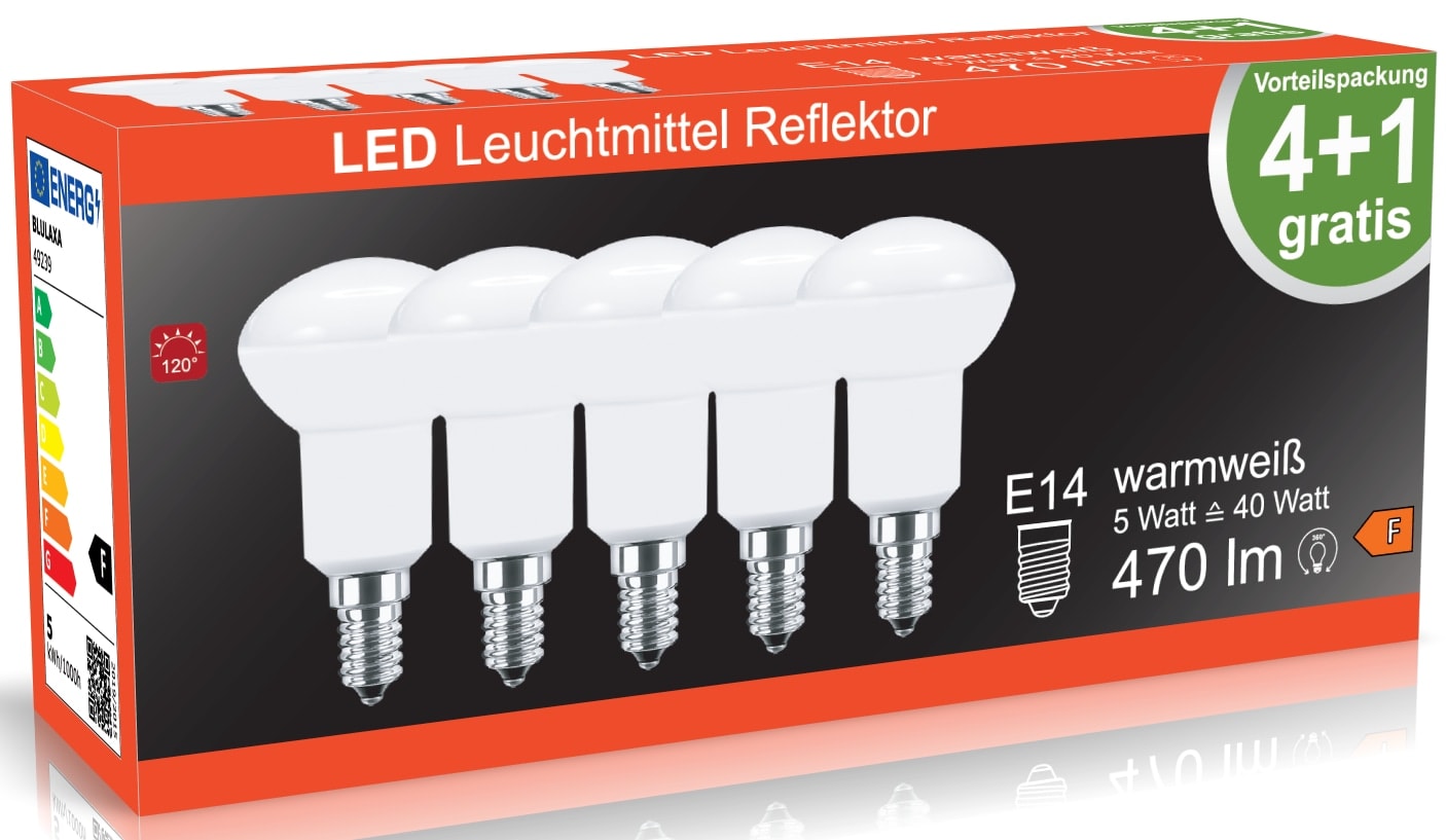 BLULAXA LED-SMD-Lampe, R50, EEK: F, E14, 5 W, 470 lm, 2700 K, 5 Stück BLULAXA LED-SMD-Lampe, R50, EEK: F, E14, 5 W, 470 lm, 2700 K, 5 Stück