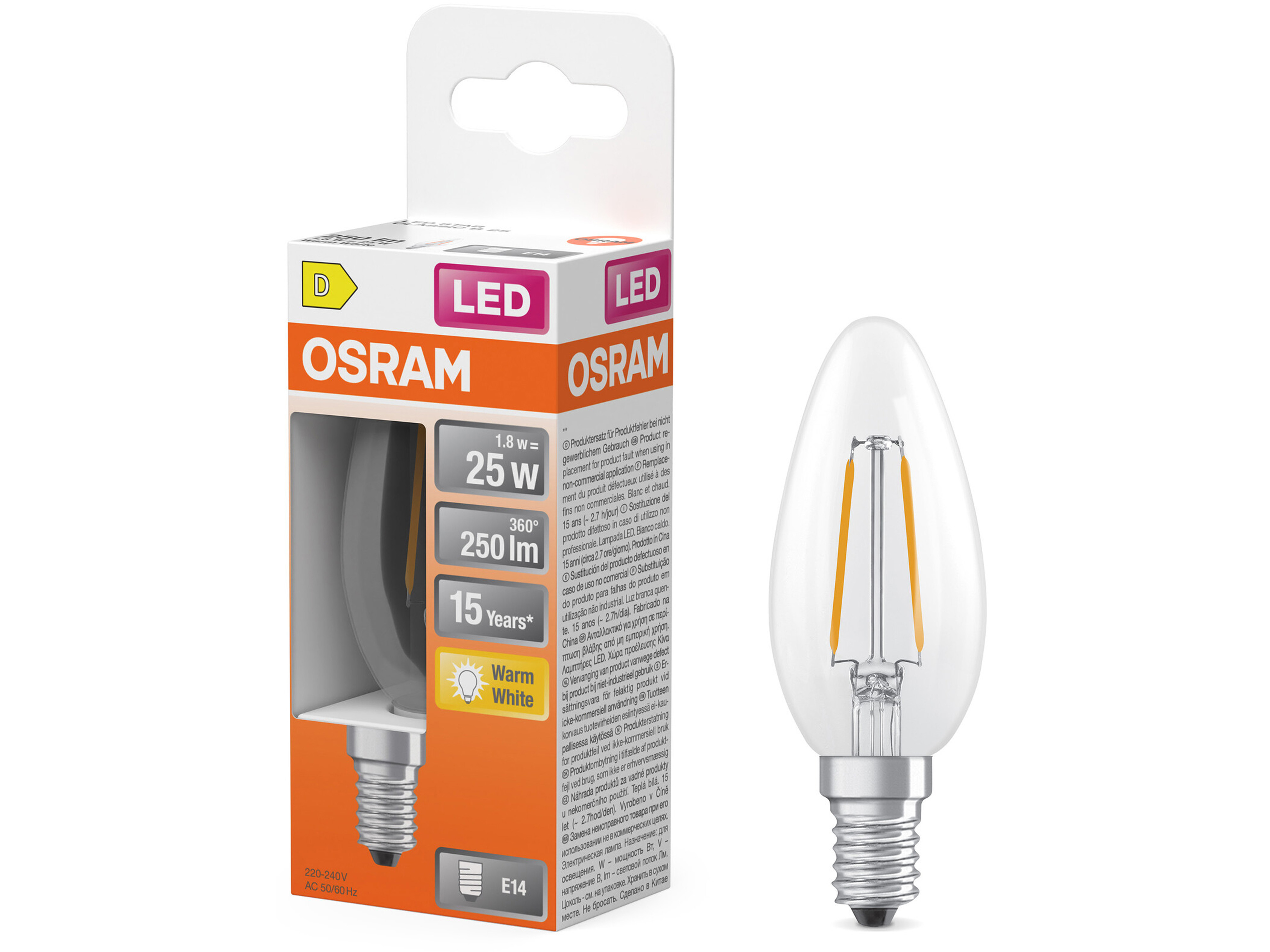OSRAM LED-Lampe Retrofit, 1,8 W, E14, 2700 K, EEK: D, 250 lm, IP20, warmweiß