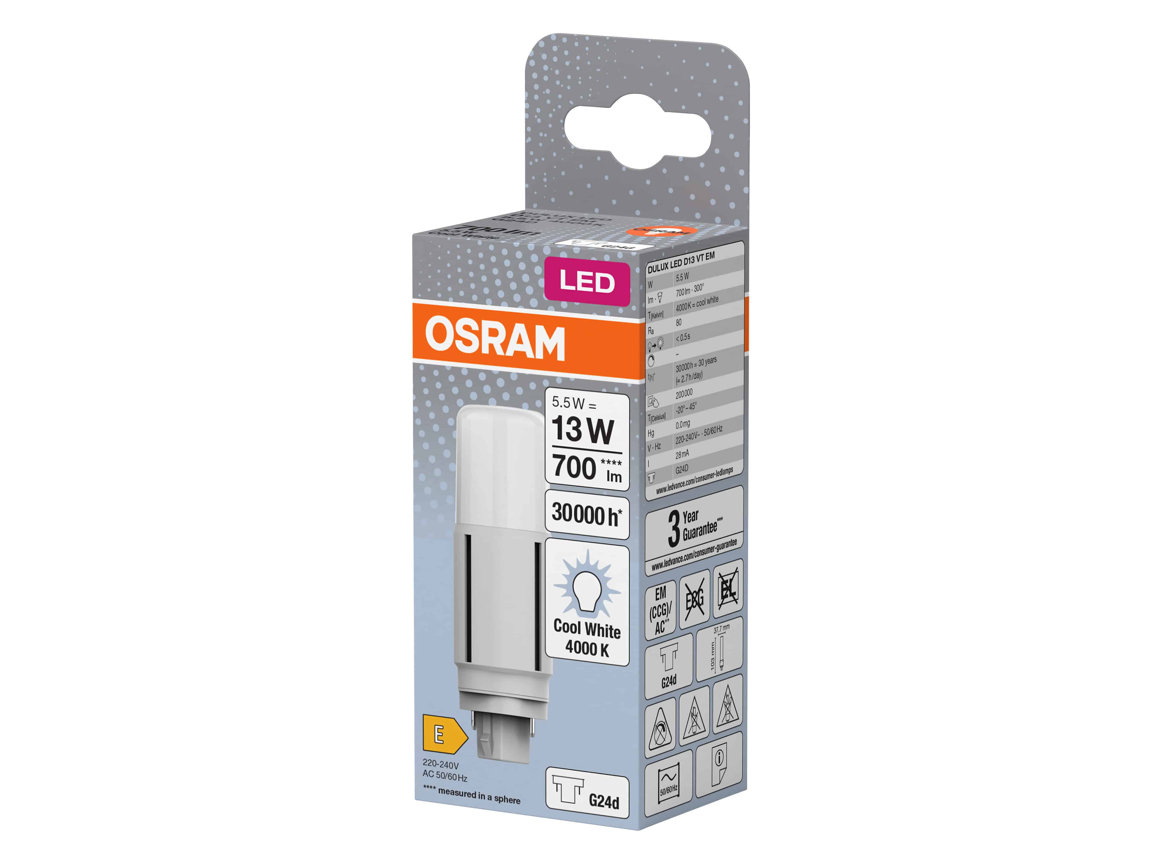 OSRAM LED-Lampe, Dulux D13, G24d, EEK: E, 5,5W, 700lm, 4000K OSRAM LED-Lampe, Dulux D13, G24d, EEK: E, 5,5W, 700lm, 4000K