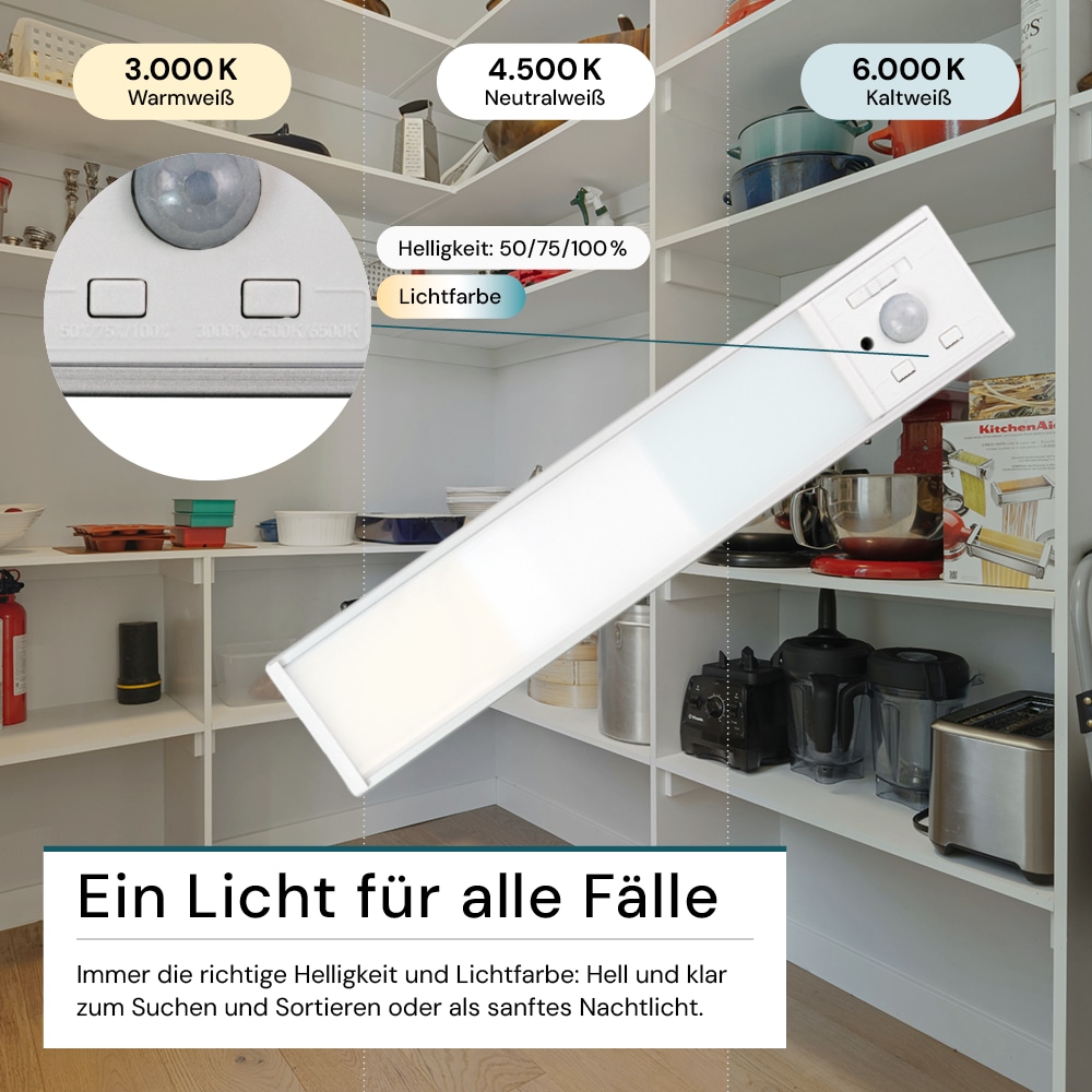 LUXULA LED-Schrankleuchte mit Bewegungsmelder, 2,2W, 450lm, CCT, IP20, dimmbar, silber, 20cm