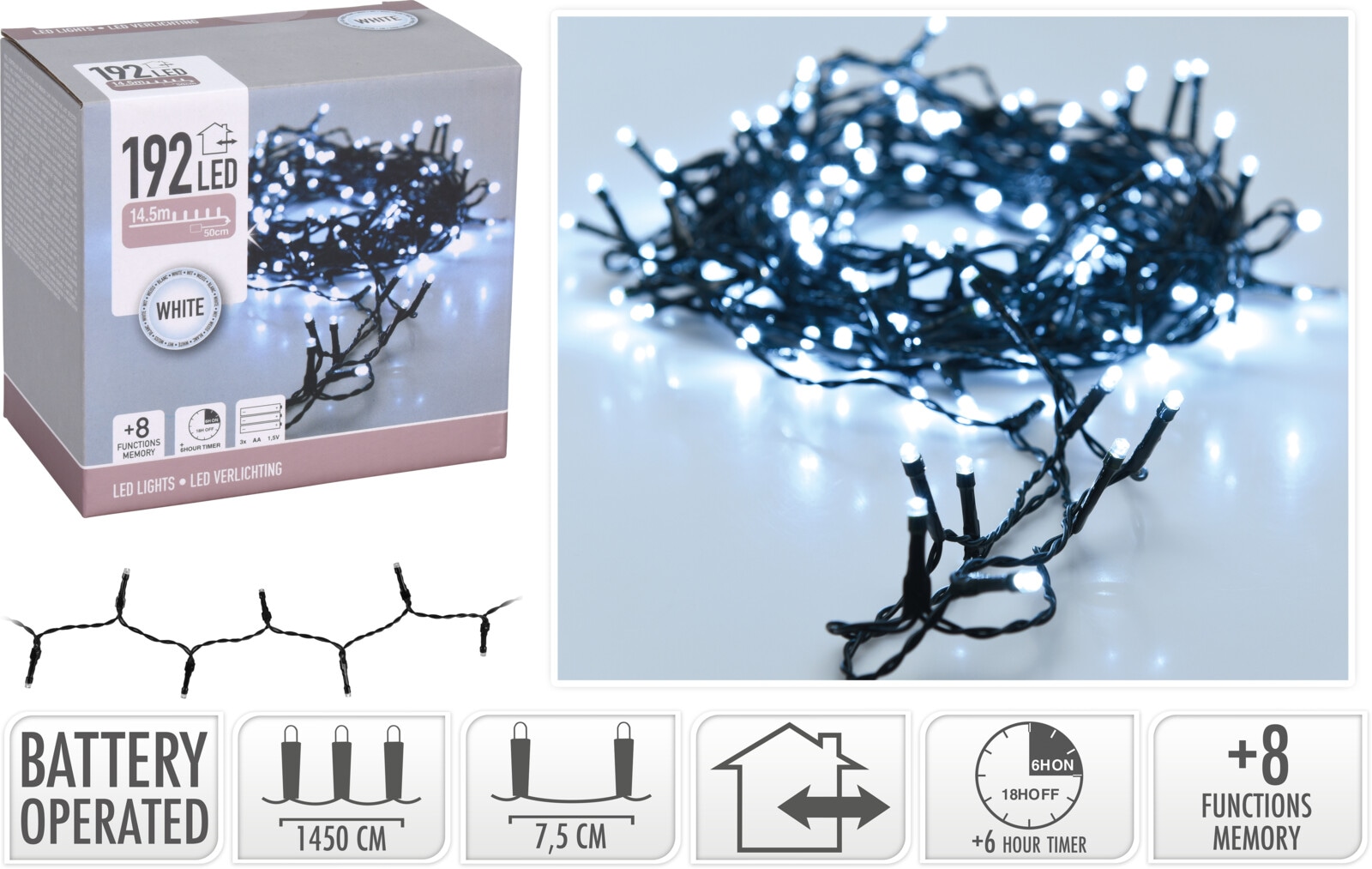 LED-Lichterkette kaltweiß, 192 LEDs, Batteriebetrieben, schwarzes Kabel, Innen/Außen, 15m LED-Lichterkette kaltweiß, 192 LEDs, Batteriebetrieben, schwarzer Kabel, Innen/Außen, 15m