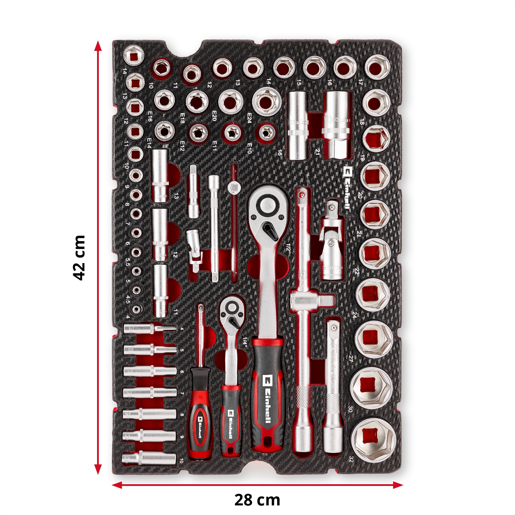 EINHELL E-Case-Einleger Stecknüsse und Ratschen, 370520, 60-teilig