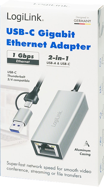 LOGILINK USB-Netzwerkadapter UA0238B USB-C zu Gigabit Ethernet-Adapter mit 2-in-1 USB-Anschluss