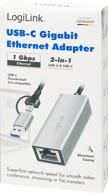 LOGILINK USB-Netzwerkadapter UA0238B USB-C zu Gigabit Ethernet-Adapter mit 2-in-1 USB-Anschluss