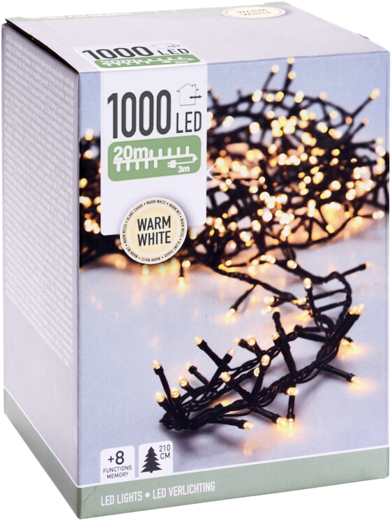 KOOPMAN LED-Clusterlichterkette warmweiß, 1000 LEDs, Grünes Kabel, Innen/Außen, 23m
