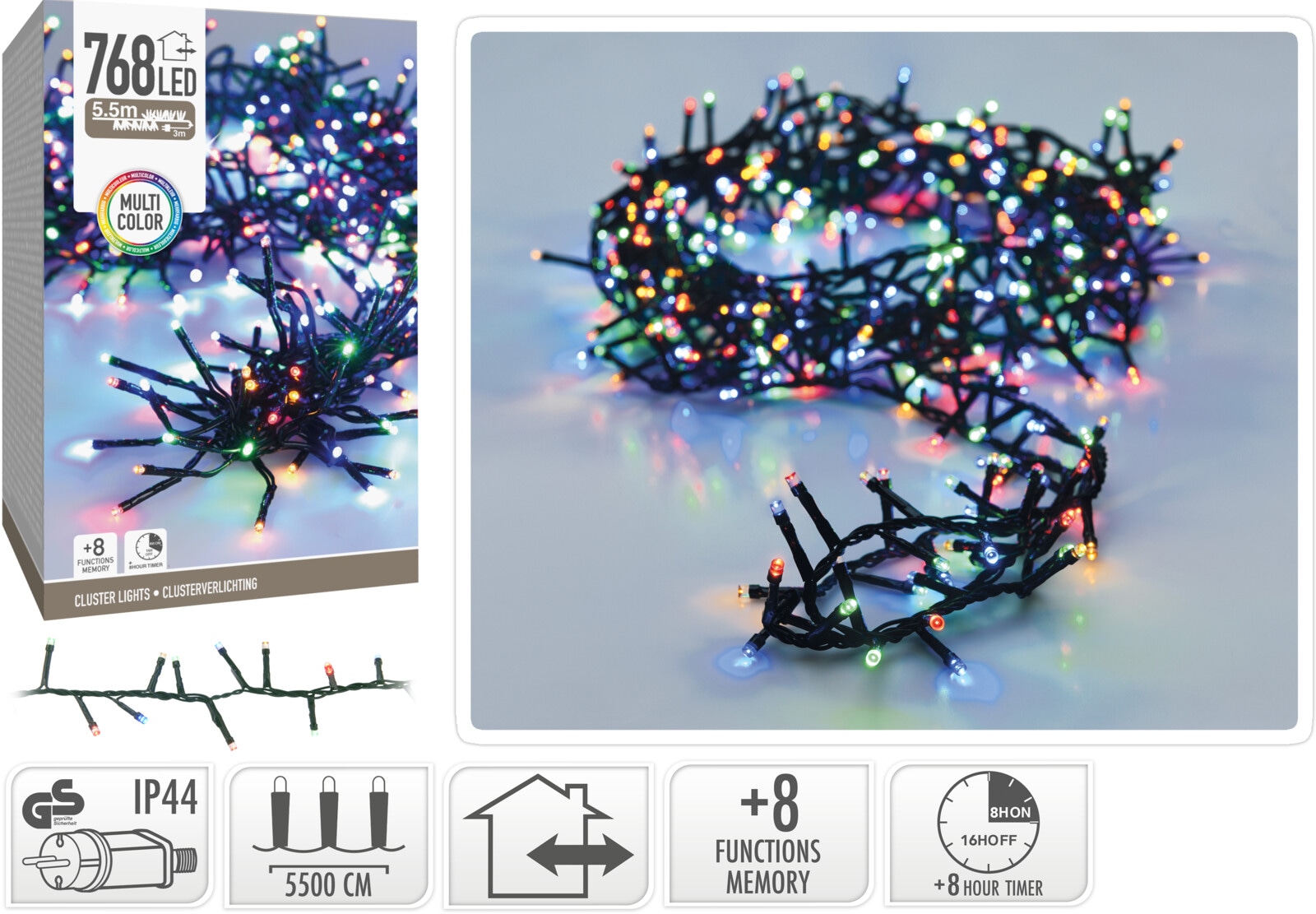 KOOPMAN LED-Clusterlichterkette Büschel bunt, 768 LEDs, schwarzes Kabel, Innen/Außen, 8,5m