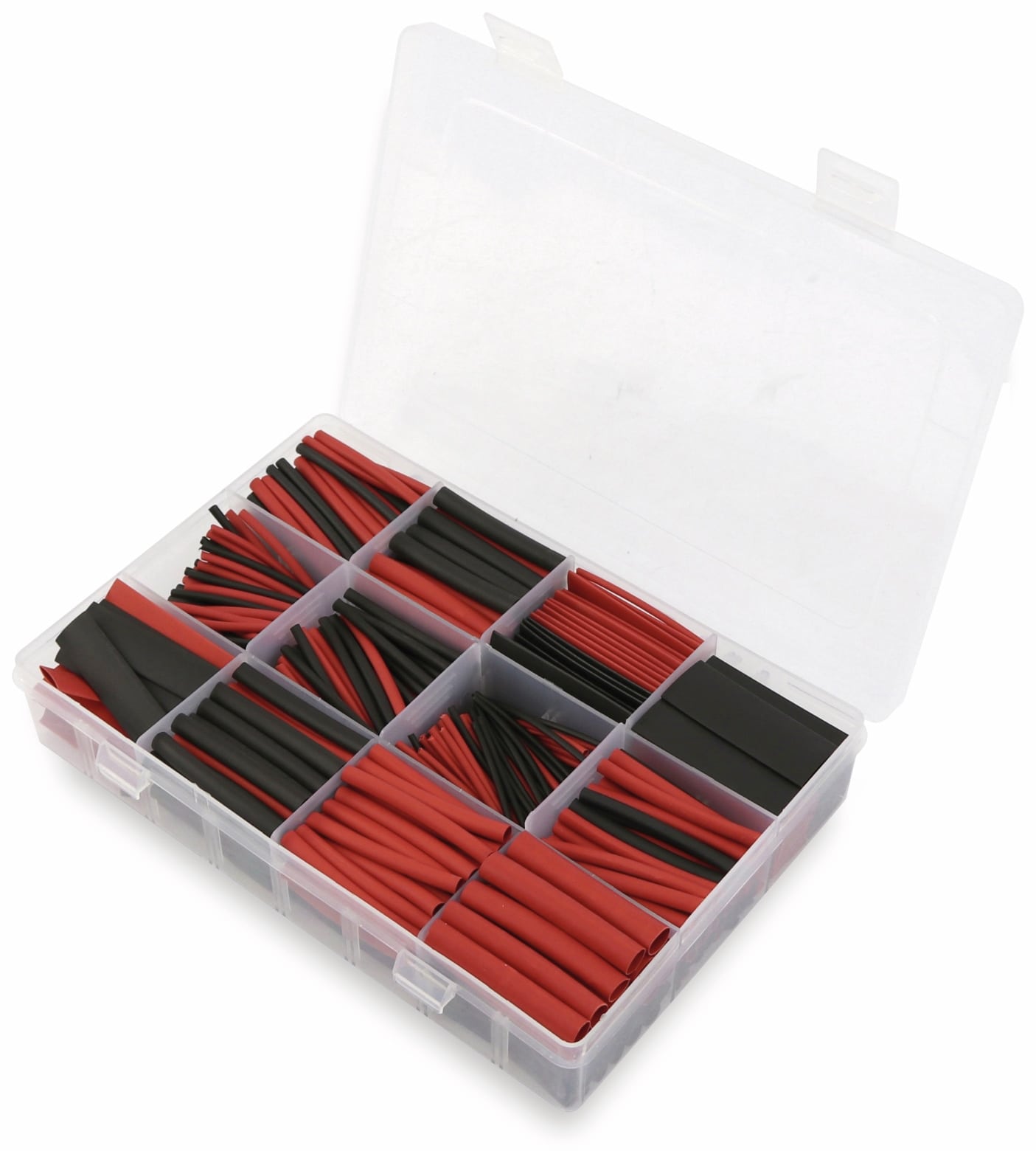 Schrumpfschlauch-Sortiment, 560-teilig in Plastikbox, Schrumpfrate 2:1, schwarz + rot