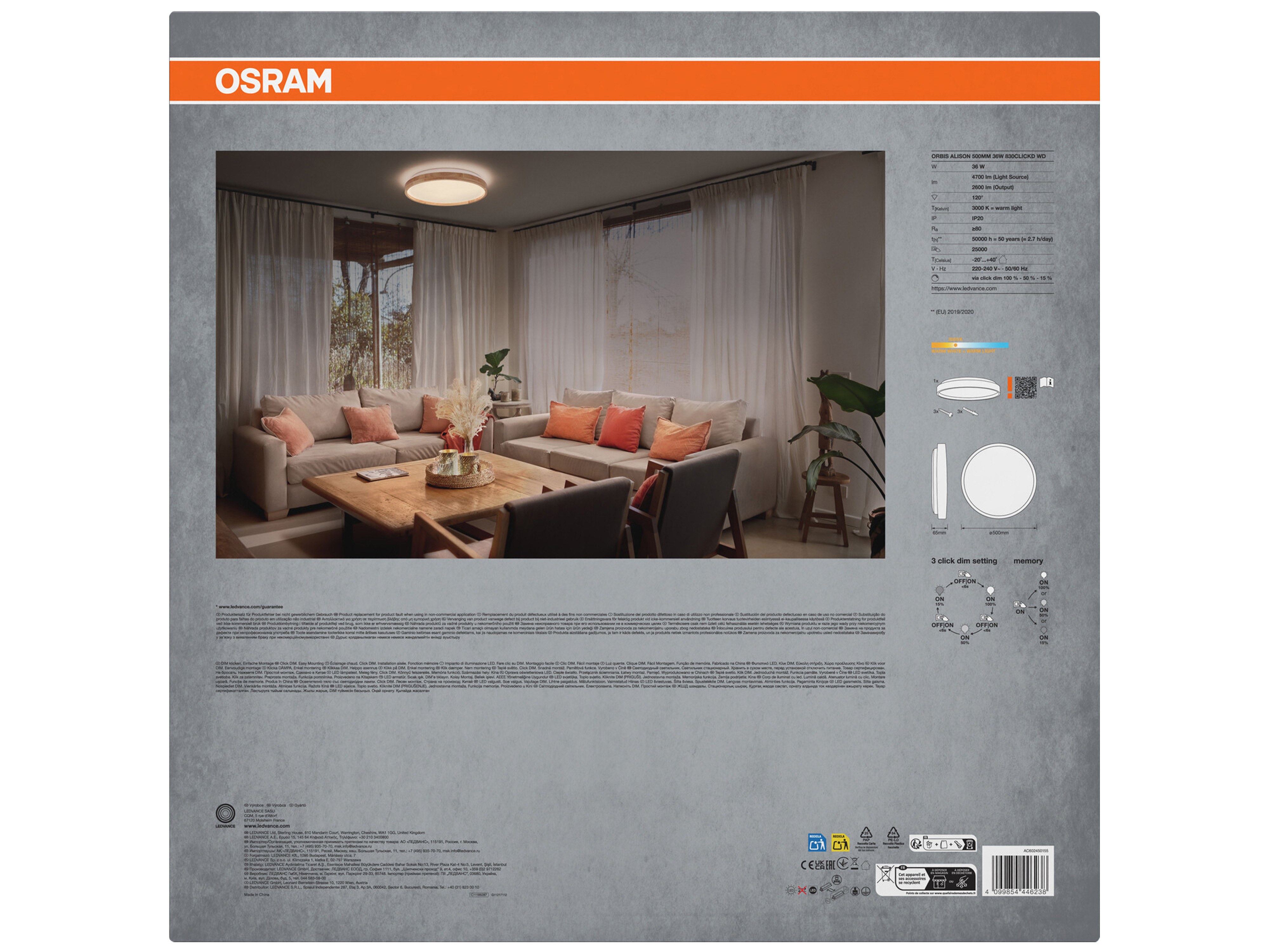 OSRAM LED-Deckenleuchte mit Holzring, Dimmbar, 36 W, 3.000 K, EEK: D, IP20, warmweiß