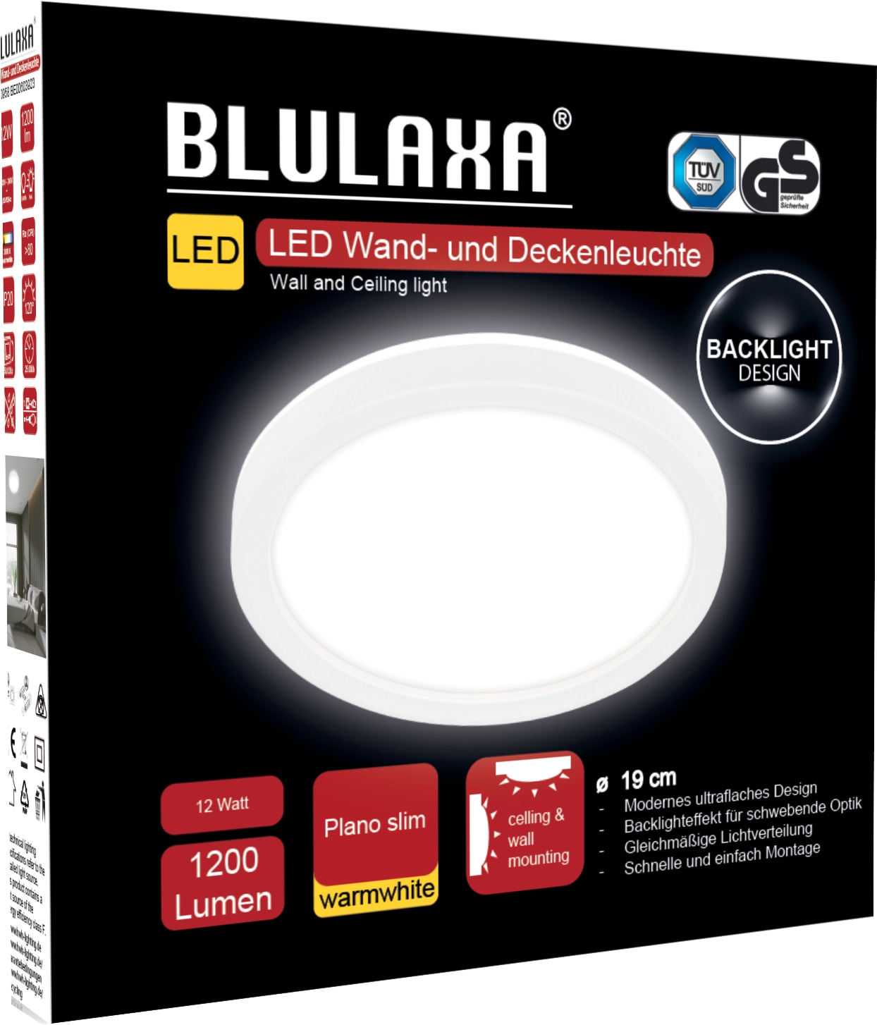 BLULAXA LED-Deckenleuchte, 12W, 4000K, 3000K, 1200lm, warmweiß, IP20, weiß