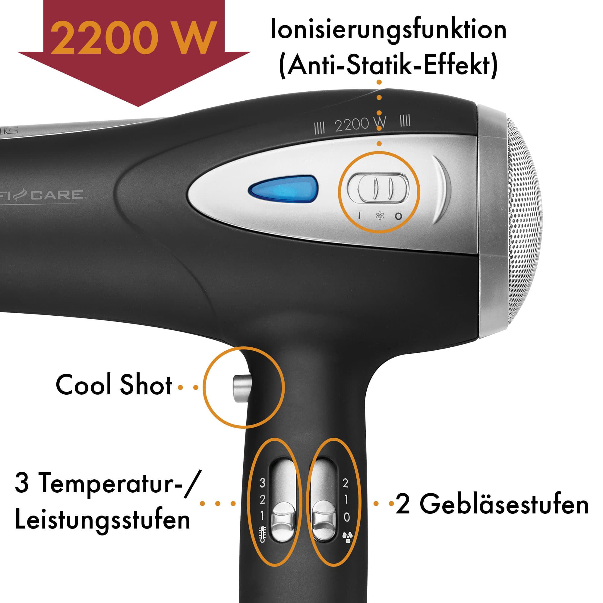 PROFICARE Haartrockner PC-HTD 3113, Ionisierungsfunktion, 2200W, schwarz