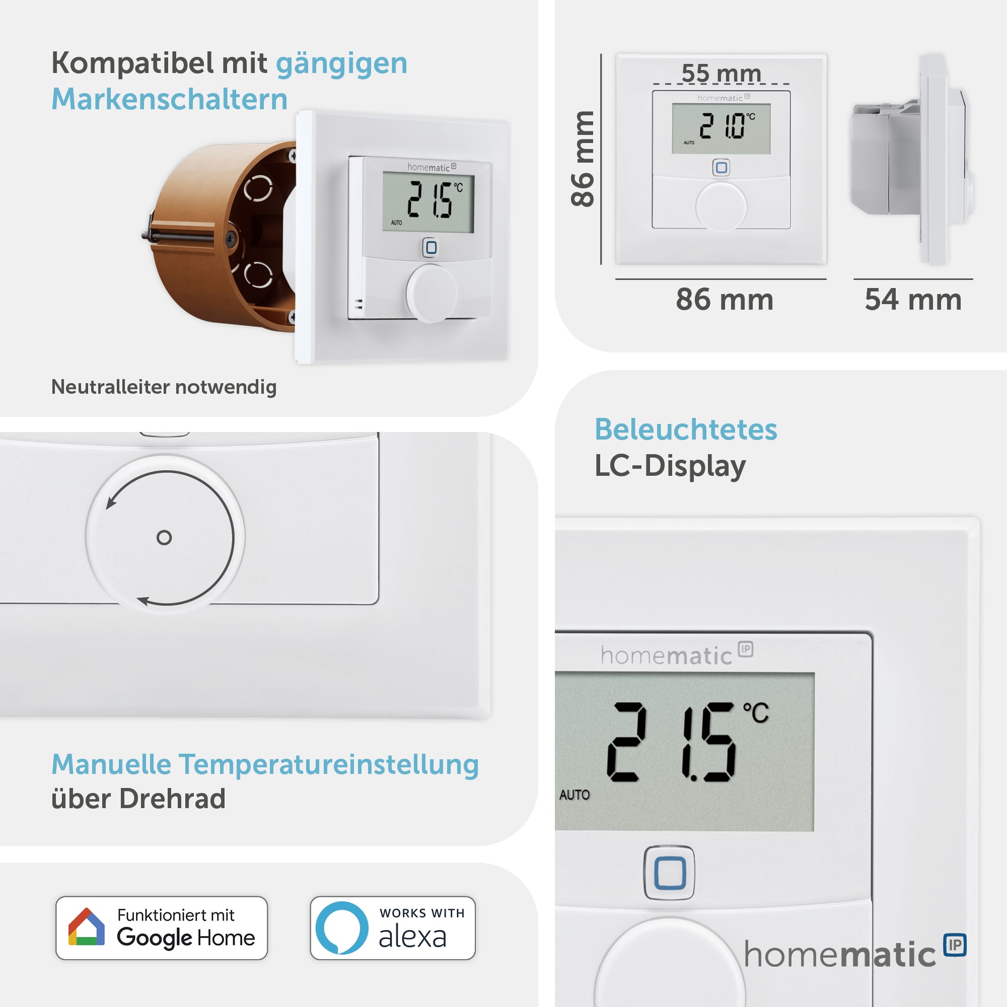 HOMEMATIC IP Smart Home 150628A0, Wandthermostat mit Schaltausgang für Markenschalter
