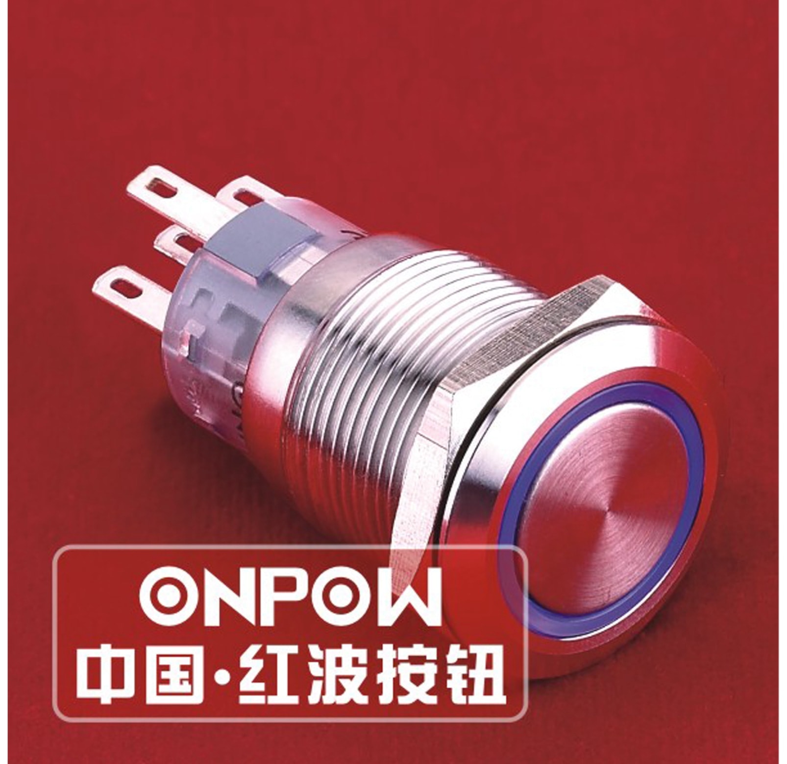 ONPOW Schalter, 24 V/DC, 1x Off/(On), Beleuchtung blau, Lötanschluss, flach rund, Edelstahl, 19 mm