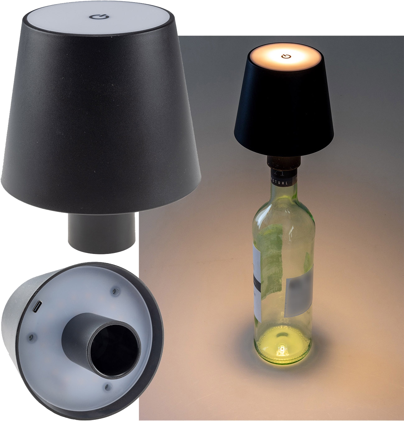 CHILITEC LED Akku Flaschenleuchte 3000K, dimmbar, schwarz CHILITEC LED Akku Flaschenleuchte 3000K, dimmbar, schwarz
